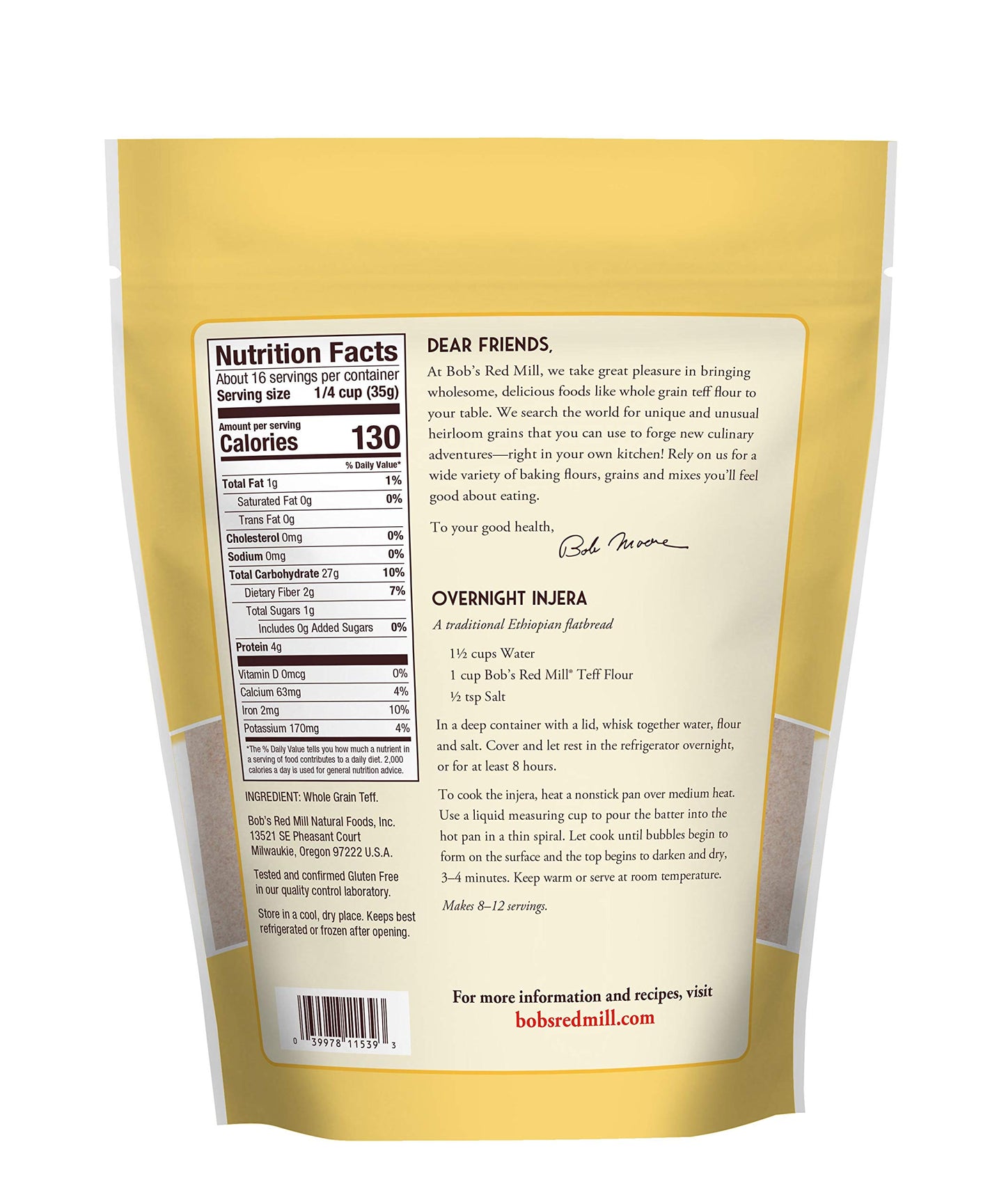 Bob's Red Mill Teff Flour, 20oz (Pack of 4) - Non GMO, Whole Grain, Vegan, Kosher