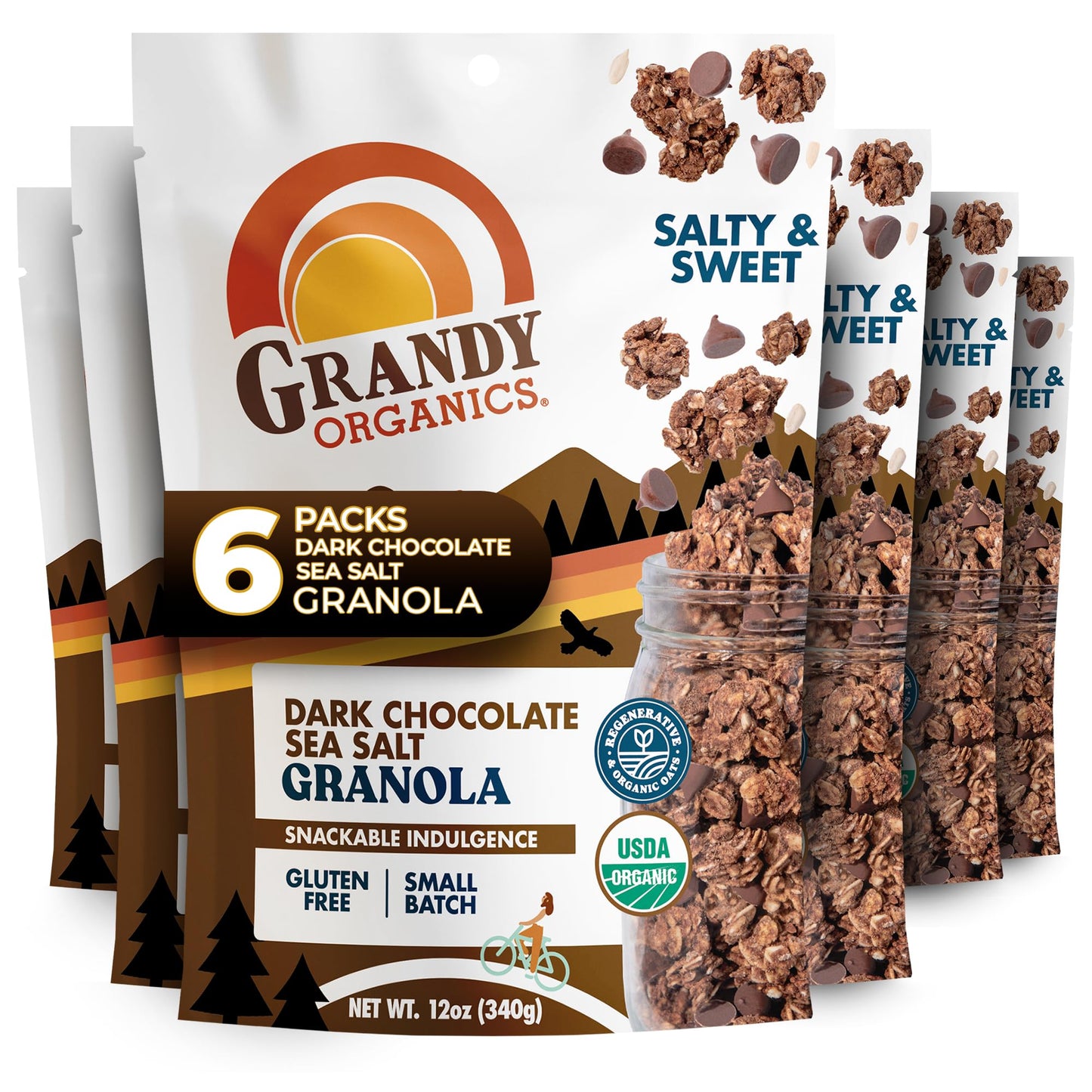 Grandy Organics Dark Chocolate Sea Salt Granola - Certified Organic & Gluten Free Granola - 6g Protein - Non GMO & Vegan - Chocolate, Seeds & Nuts - 6