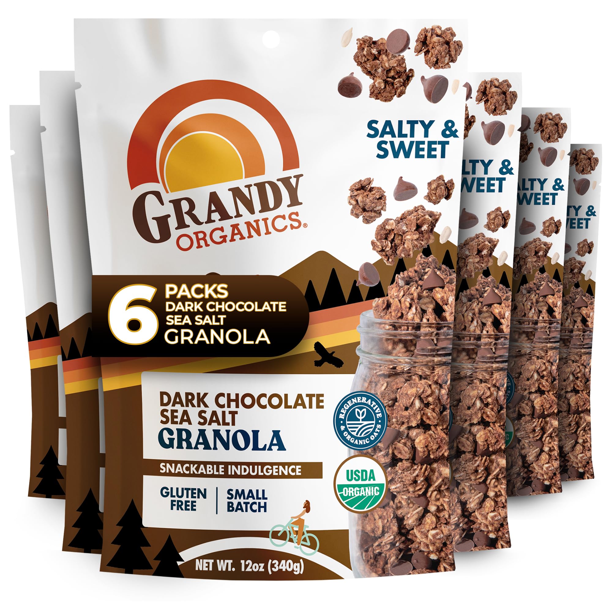 Grandy Organics Dark Chocolate Sea Salt Granola - Certified Organic & Gluten Free Granola - 6g Protein - Non GMO & Vegan - Chocolate, Seeds & Nuts - 6