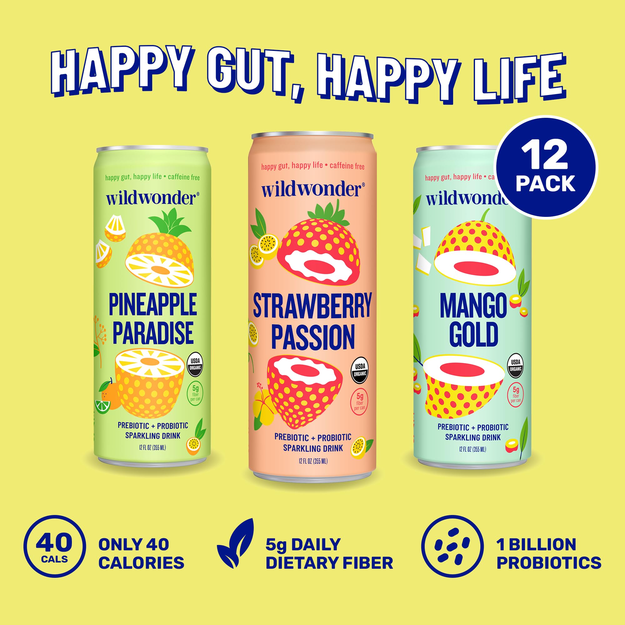 wildwonder Sparkling Probiotic Drink 12pk, For Gut Health & Immune Support, Tropical Vibes Variety, 5g Prebiotic Fiber, Live Probiotics, Organic