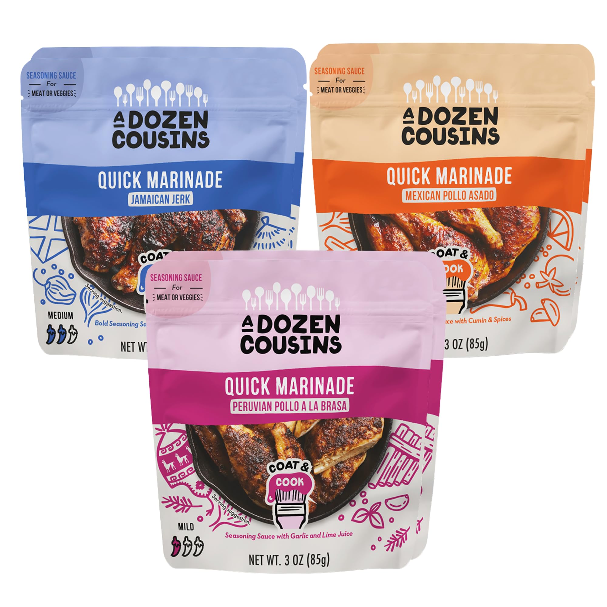 A Dozen Cousins Quick Chicken Marinade Variety Pack (6 Pouches) Mexican Pollo Asado, Peruvian Pollo a la Brasa & Jamaican Jerk Seasoning Sauce