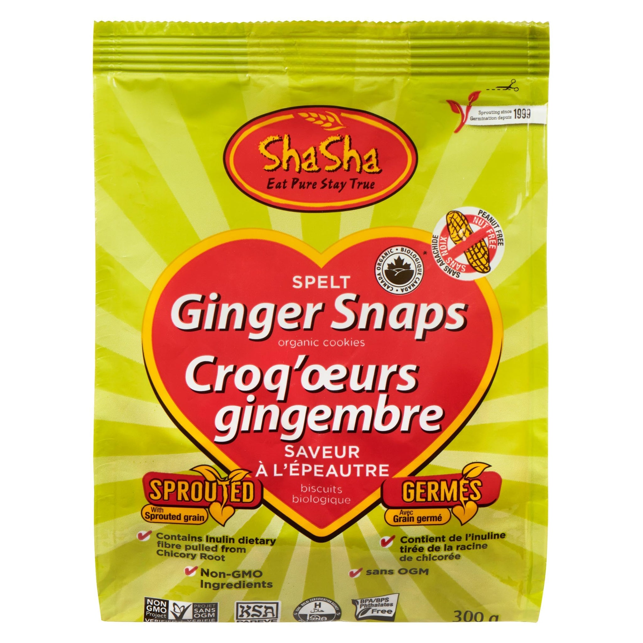 ShaSha Organic Spelt Ginger Snap Cookies, 10.5oz (300g)