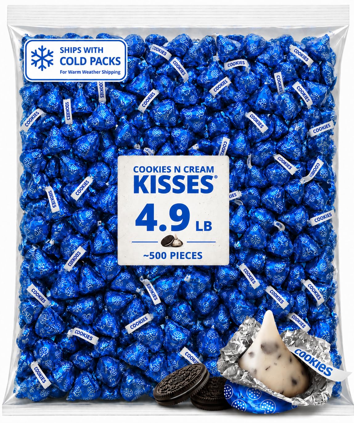 Cookies & Cream Kisses Candy - 4.9 lb Bulk Bag - White Creme Kiss-Shaped Candy (Approx. 500 Individually Wrapped Pieces) for Candy Buffets, Large