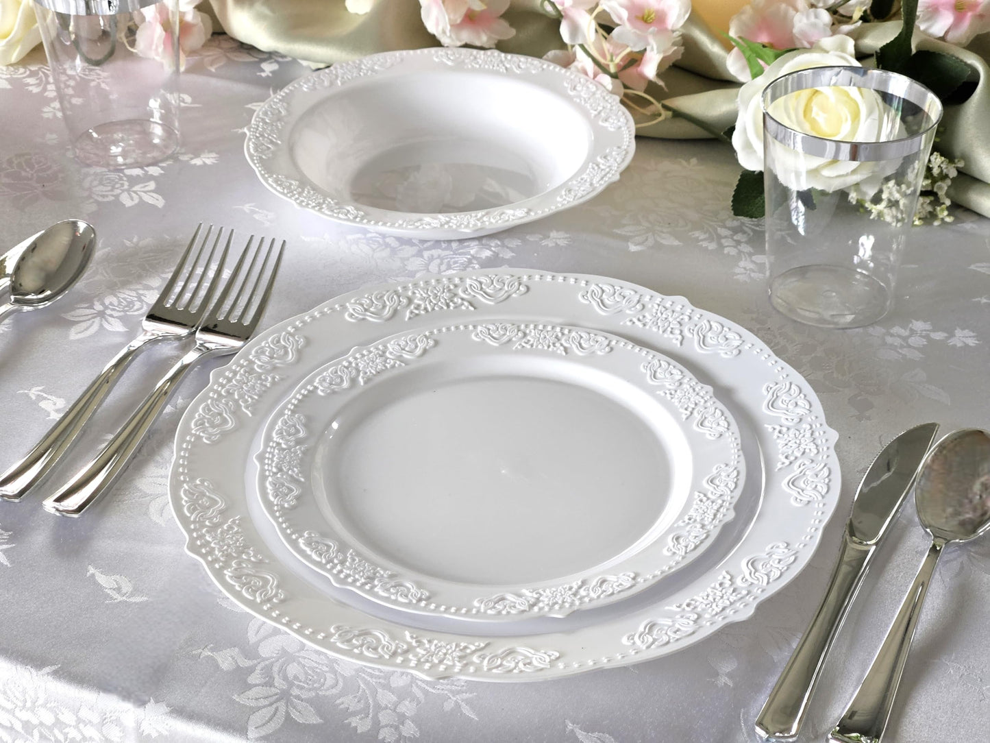 " OCCASIONS " 40 Plates Pack, Vintage Party Disposable Wedding Party Plastic Plates (7.5'' Appetizer/Dessert Plate, Portofino in White)