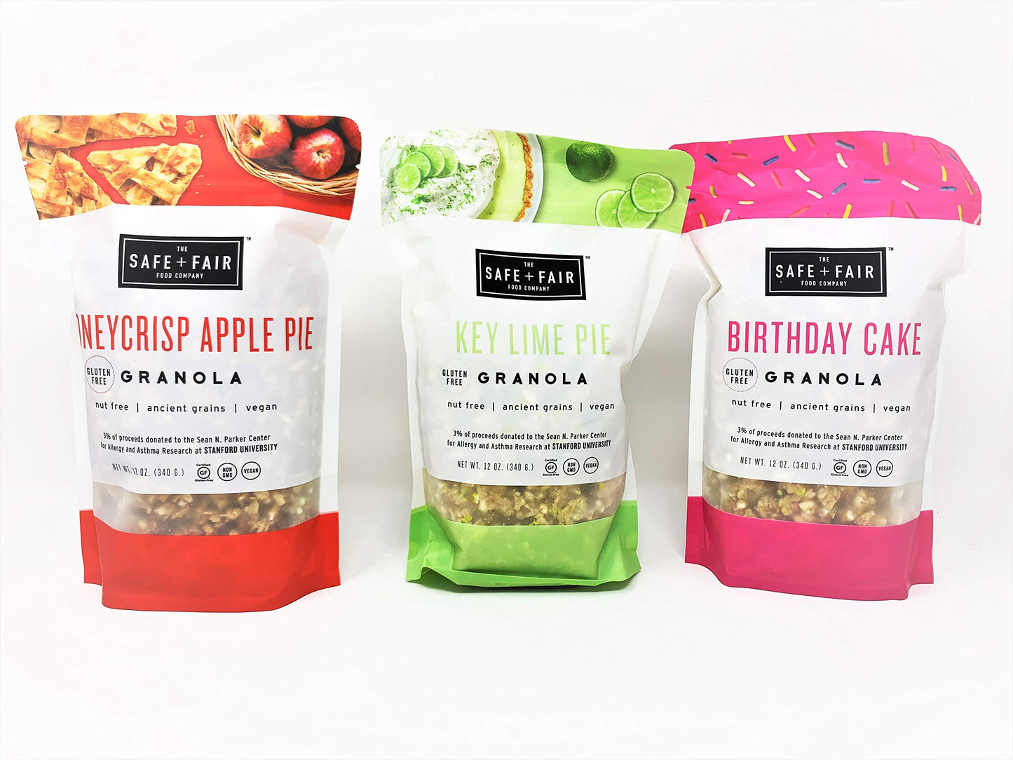 The Safe + Fair Food Company Granola-Birthday Cake, Honeycrisp Apple Pie, Key Lime Pie-12 Ounce Pouch-PACK OF 3 (Gluten-Free, Vegan, Non GMO)