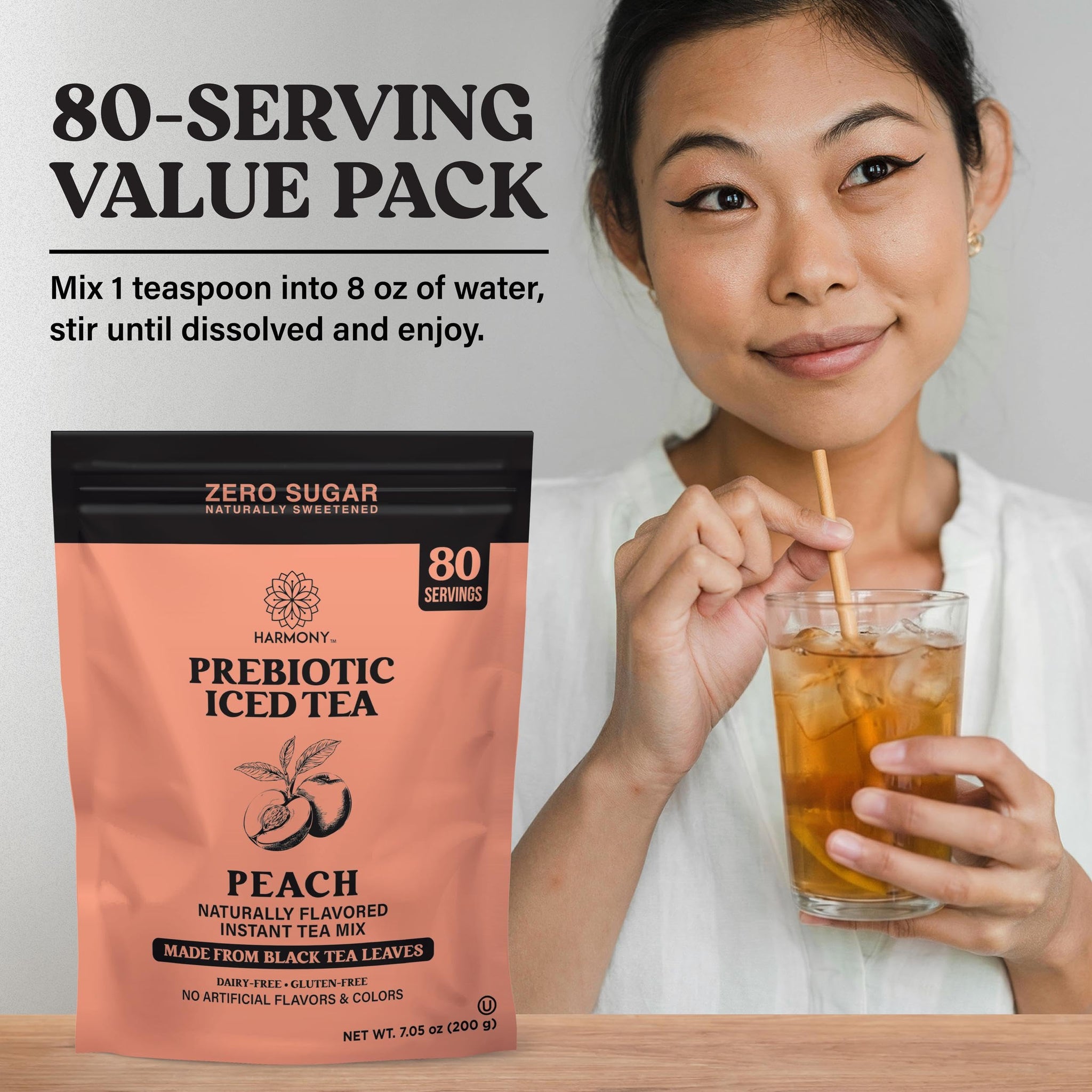 Harmony Matcha Prebiotic Black Tea Peach Flavor - Iced Tea Drink Mix with Plant Fiber for Gut Health, Gluten Free, Caffeinated, Zero Sugar, 7oz Bag