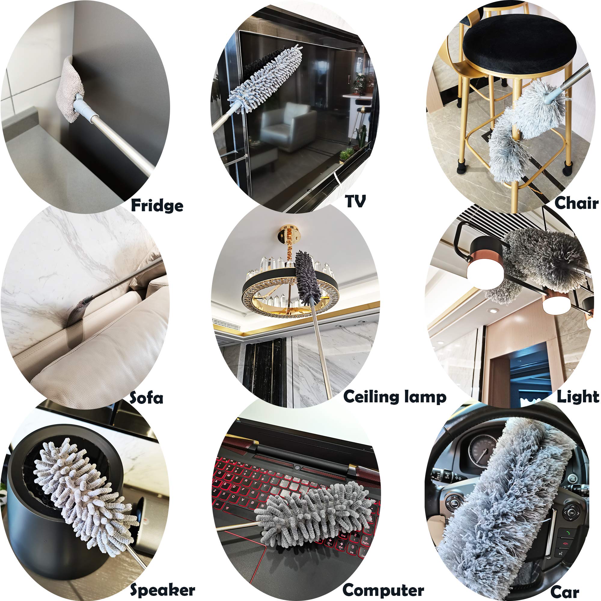5-in-1 Microfiber Duster with Extension Pole (30-100") Kit for High Ceiling, Fan, Cobweb, Blind & Furniture, Bendable Washable Heads, Reusable Dusters