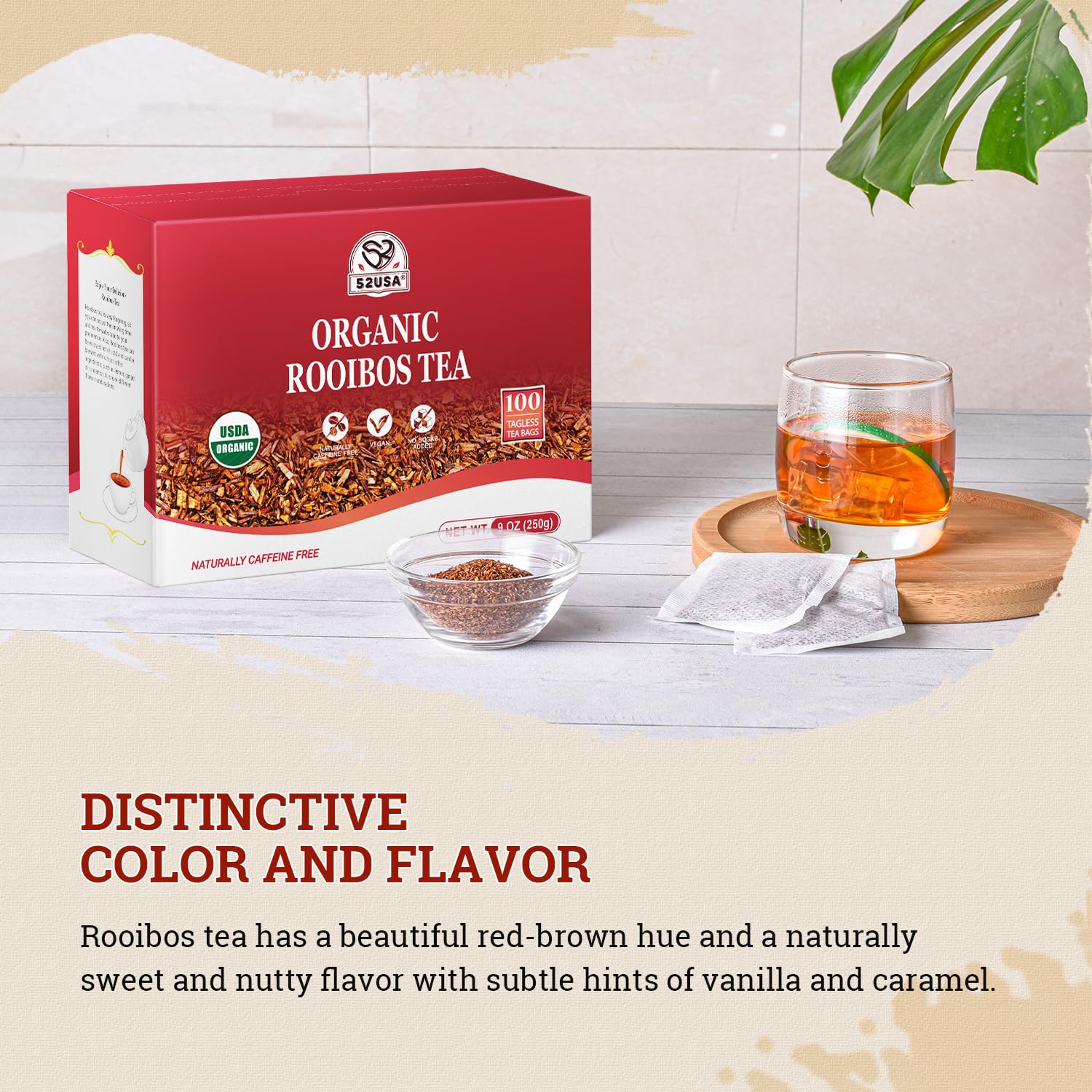 52USA Rooibos Tea Organic, 100 Tea bags, Pure Premuim Rooibos Tea, Naturally Sweet Herbal Tea, Caffeine Free Rooibos Tea, Farmed in South Africa, 9oz