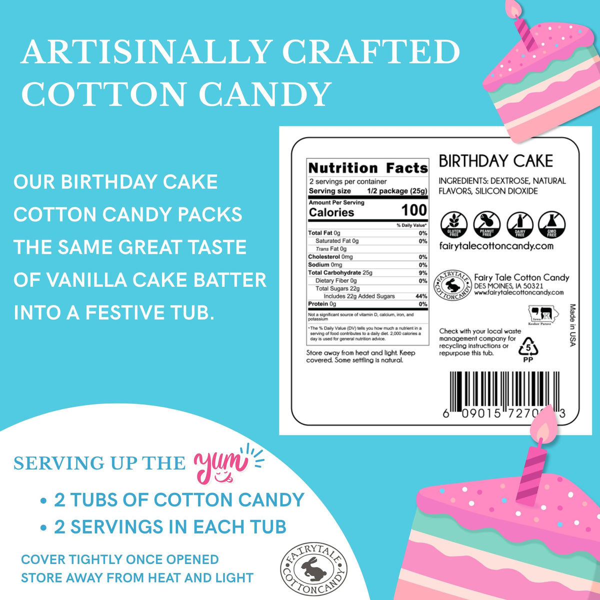 CHOCOLATE STORYBOOK Gourmet Flavored Cotton Candy - Unique Idea for Holidays, Birthdays, Gag Gifts, Party Favors (Birthday Cake, 1.75 oz Each, 2-Pack)