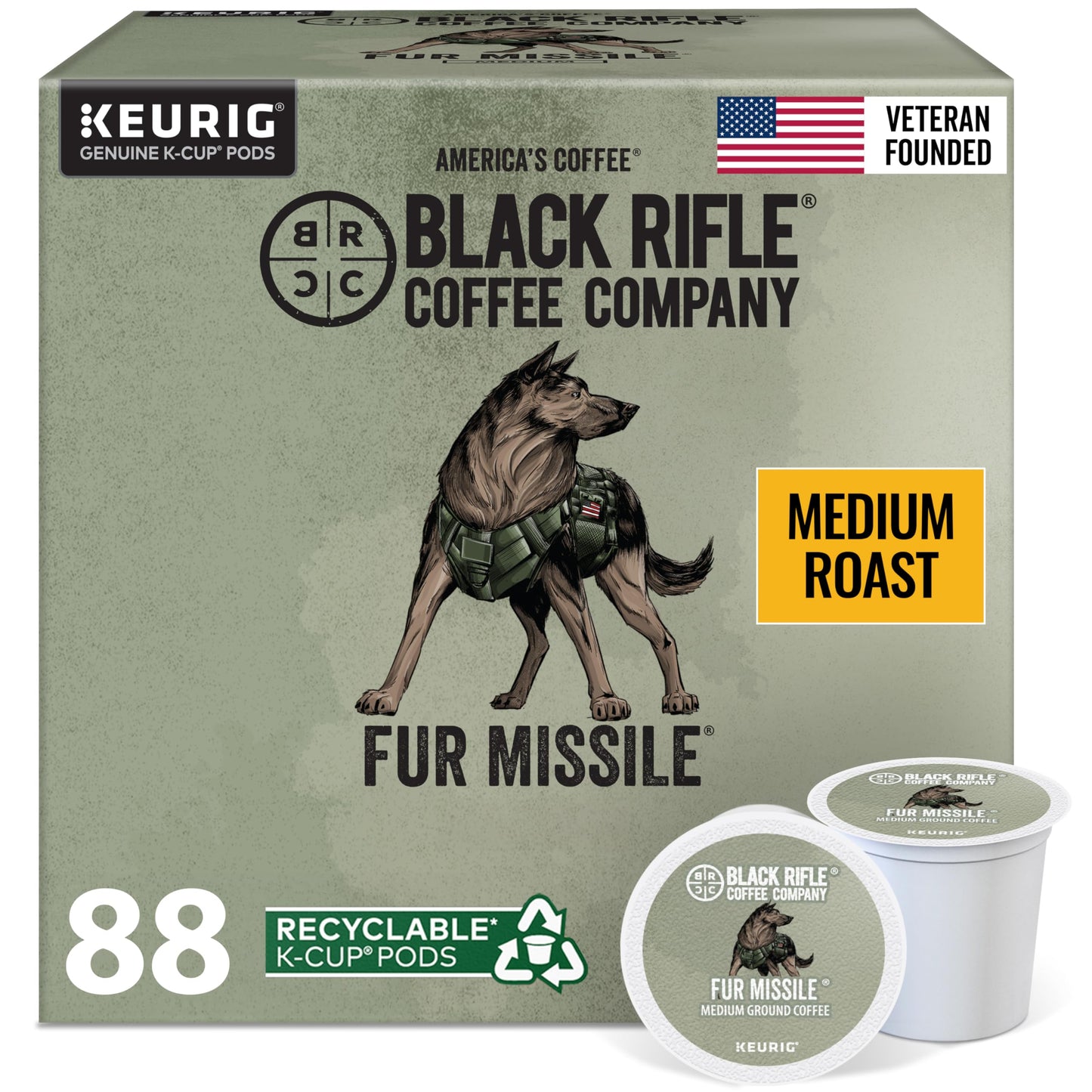Black Rifle Coffee Company Fur Missile Medium Roast Coffee Pods - 100% Arabica, Tasting Notes of Walnut, Brown Sugar & Guava - Single Serve K-Cup