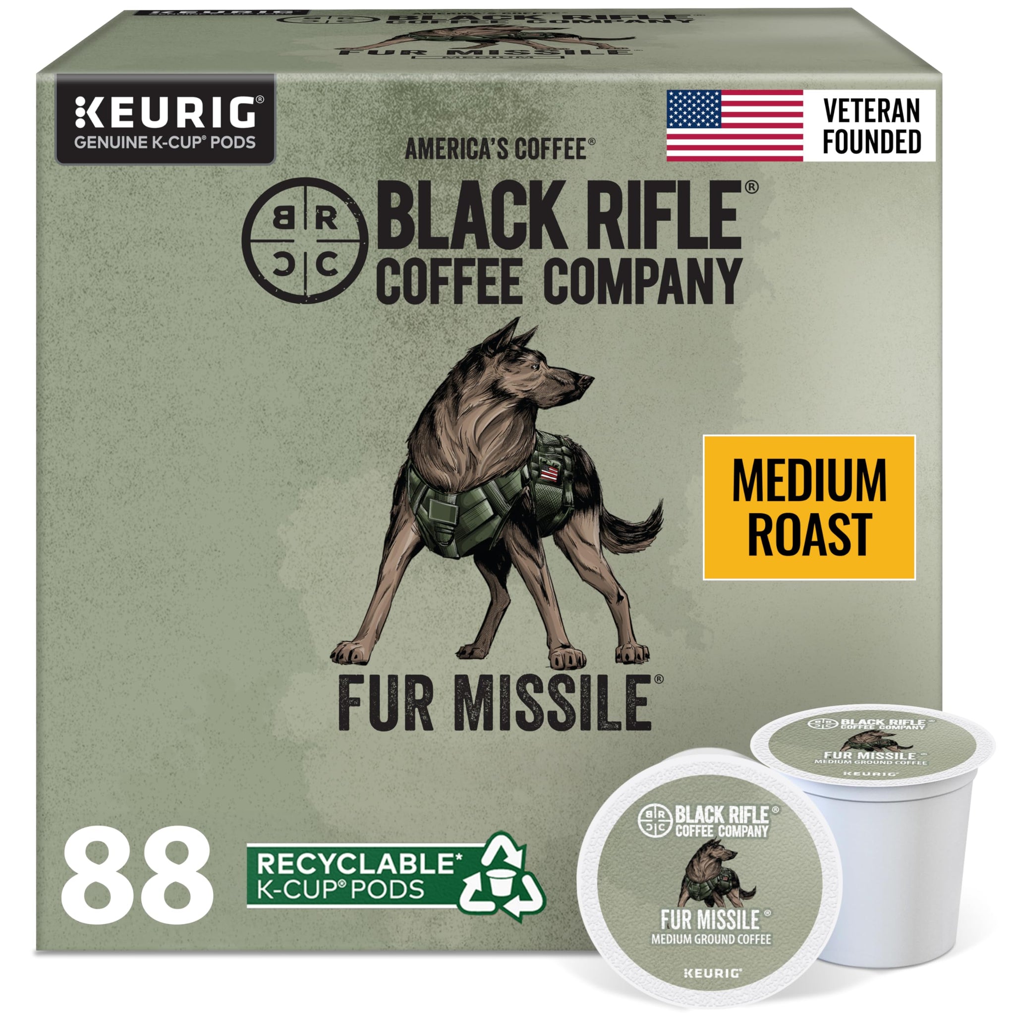 Black Rifle Coffee Company Fur Missile Medium Roast Coffee Pods - 100% Arabica, Tasting Notes of Walnut, Brown Sugar & Guava - Single Serve K-Cup