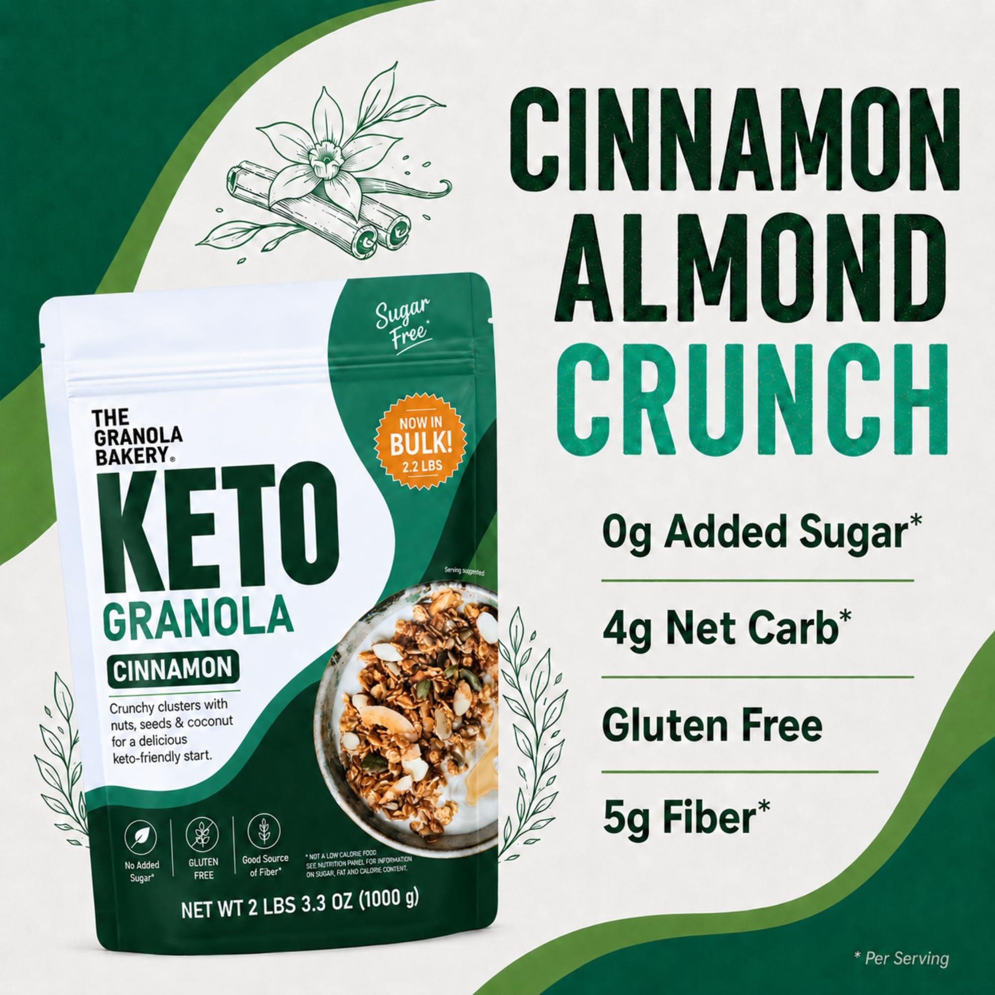 TGB Keto Granola, Cinnamon, No Added Sugar, Gluten Free, Good Source of Fiber, Low Carb Cereal & Snack, Keto Friendly, 2.2lb Resealable Bag