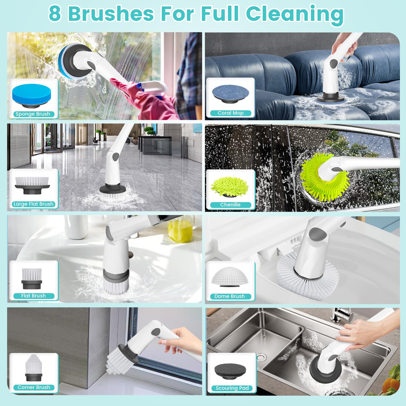 Electric Spin Scrubber, New Cordless Power Tub Scrubber with Long Handle,101 Lbs Strong Torque Shower Brush with 8 Heads, 2 Speed Mode 3 Adjustable