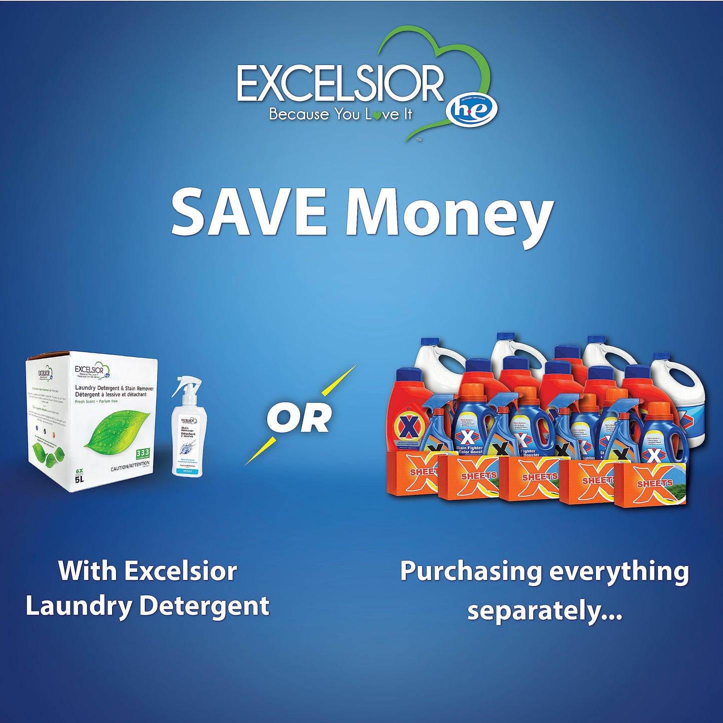 Excelsior HE Laundry Detergent Liquid Fresh Scent Concentrated 333 Loads 5 Liter With Natural Stain Remover, High Efficiency Washing Detergent Laundry