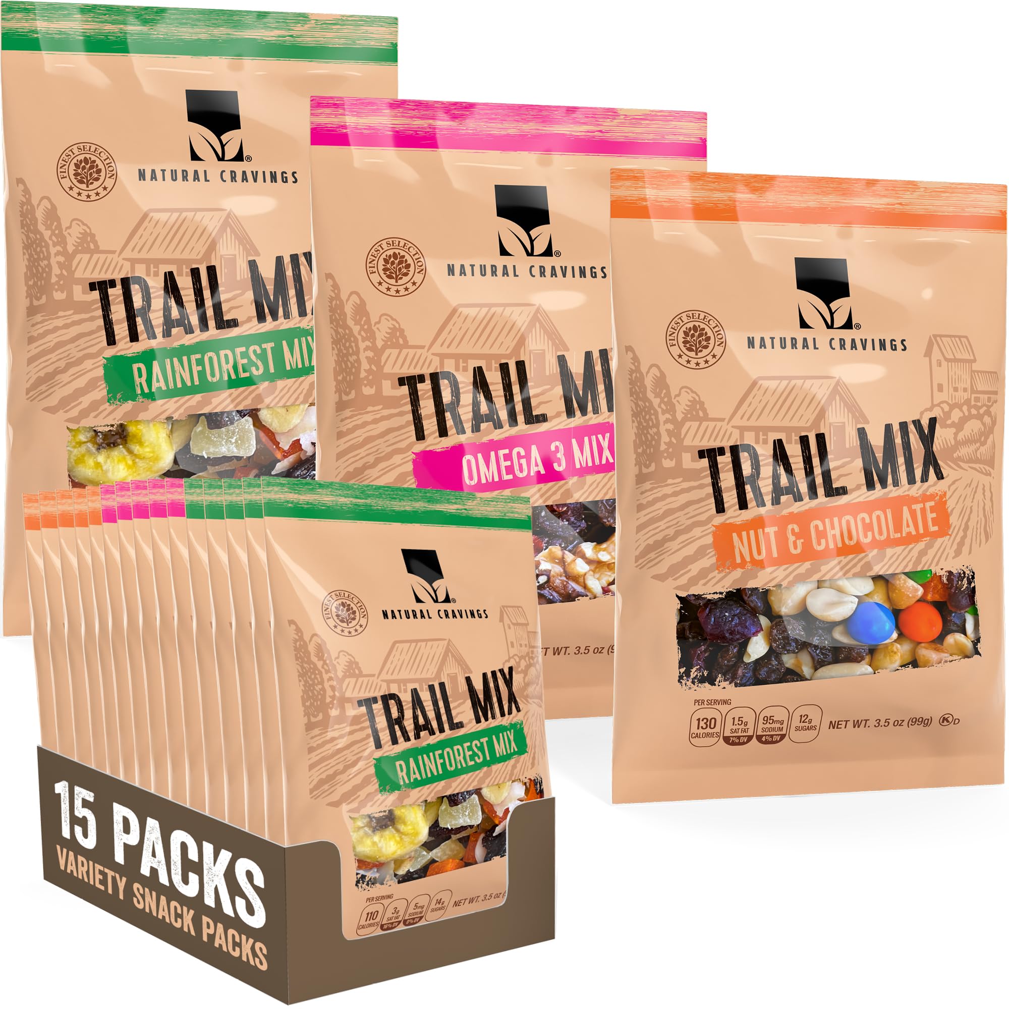 Natural Cravings Trail Mix Snack Packs Variety - 5 Bags - Dried Fruit Mix & Nuts Mix with Chocolate Chips, Peanuts, Cranberries, Raisins, Walnuts