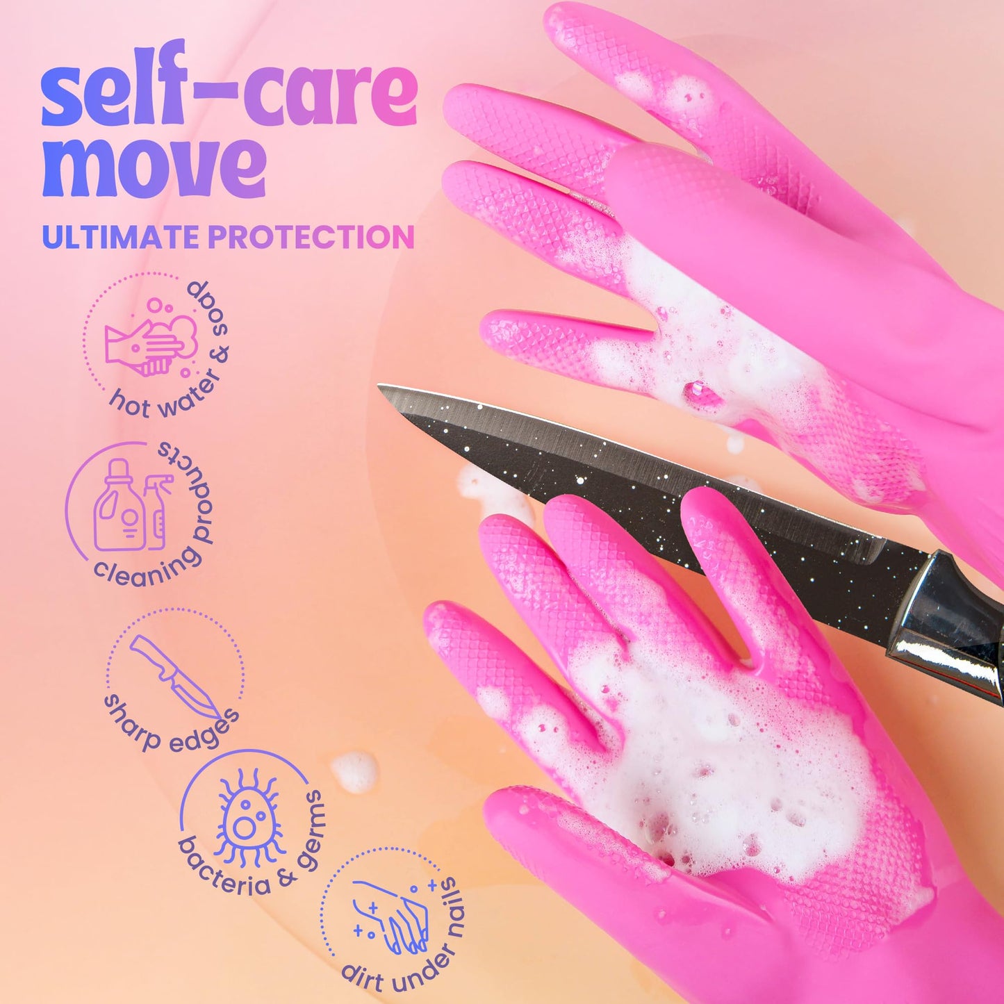 Happy Hands Rubber Cleaning Gloves - Versatile Waterproof Reusable Pink Gloves for Kitchen, Dishwashing, and Household Tasks, Hi-Tech Grip, Non-Slip