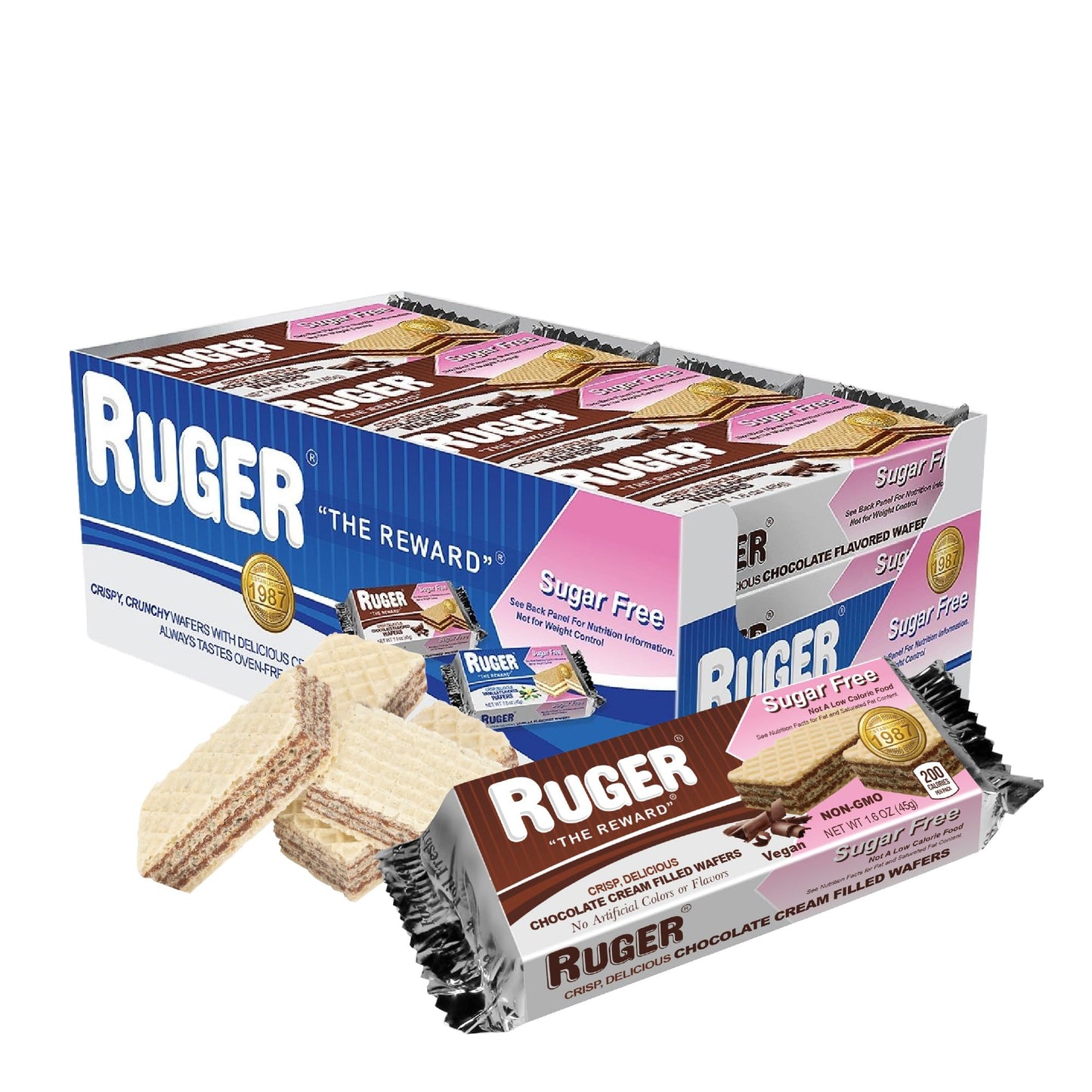 RUGER Sugar-Free Chocolate Wafers 1.6 Ounce (Pack of 12) - Deliciously Crisp and Guilt-Free Chocolate Treats with Natural Ingredients, Non-GMO, Vegan