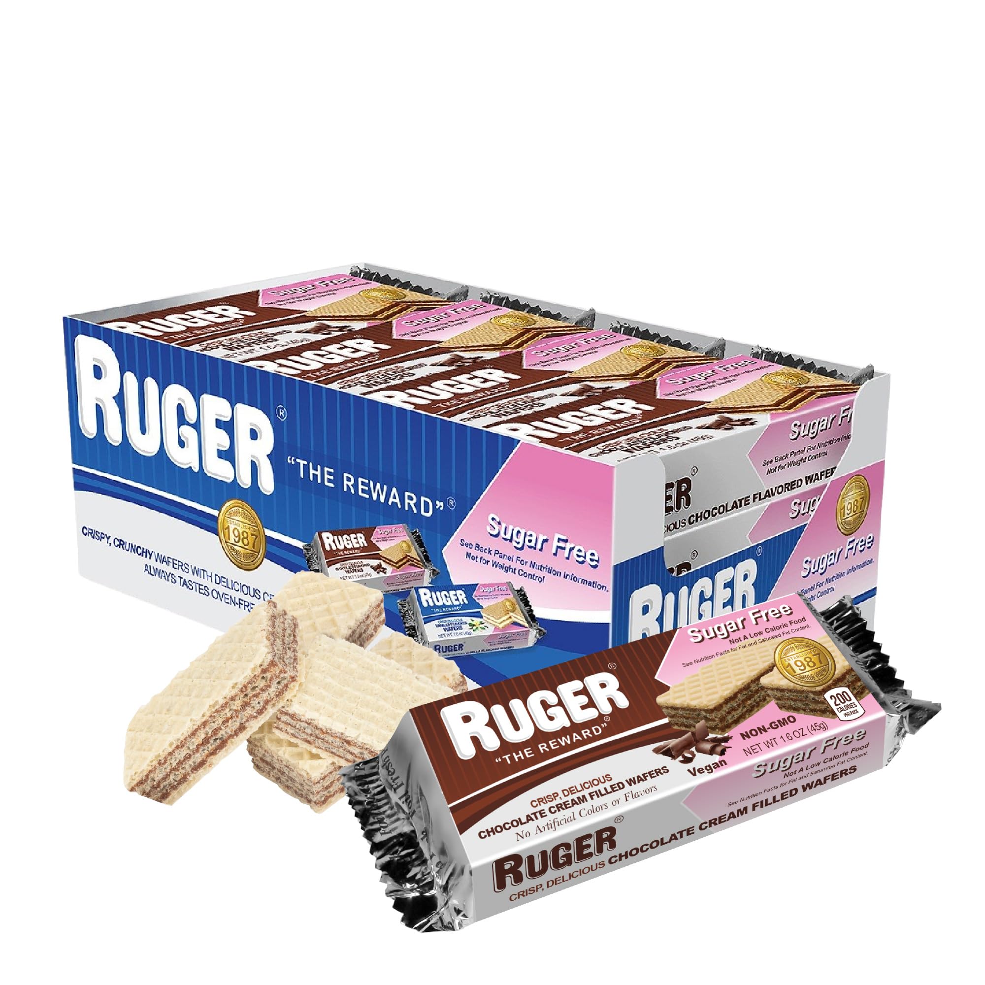 RUGER Sugar-Free Chocolate Wafers 1.6 Ounce (Pack of 12) - Deliciously Crisp and Guilt-Free Chocolate Treats with Natural Ingredients, Non-GMO, Vegan