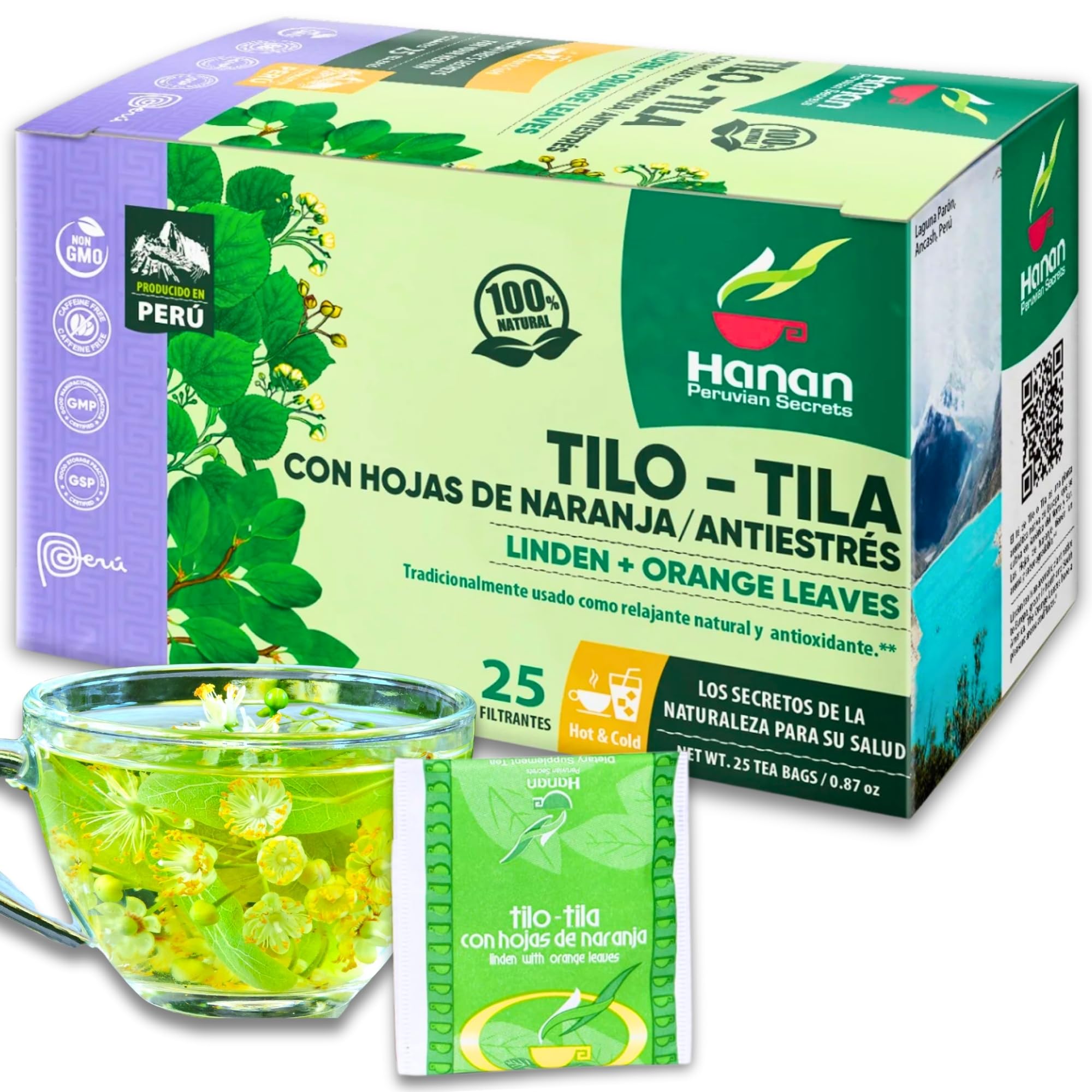 Hanan Linden Tea with Orange Leaves (Tilo con Naranja) - 25 Teabags of All-Natural Linden Leaves from Peru - Little-Leaf Linden, Pry con Hojas de