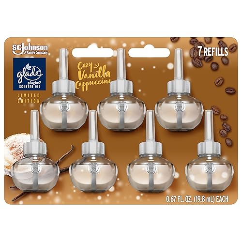Glade PlugIns Refills Air Freshener, Scented and Essential Oils for Home and Bathroom, Cozy Vanilla Cappuccino, 4.69 Fl Oz, 7 Count