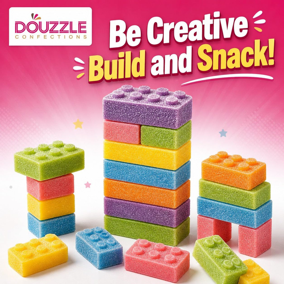 DOUzzle Kosher, Stack 'n Snack Candy Blocks, Edible Bricks, Building Blox, Construction Cake Toppers, (30 Pack), Individually Wrapped Treats, Birthday