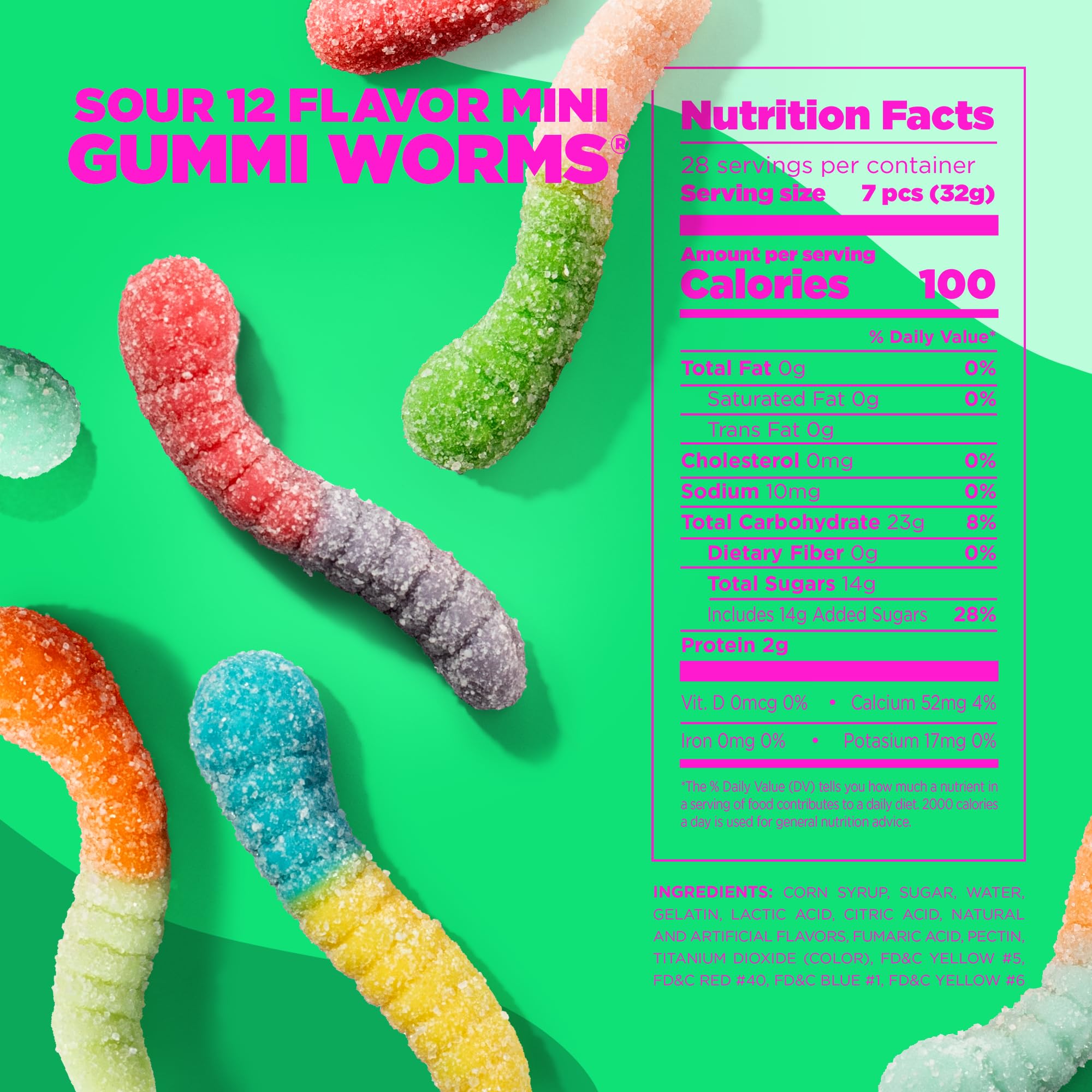 Albanese World's Best Sour 12 Flavor Mini Gummi Worms | 32oz Bag of Candy | 12 Unique Super Sour Flavors, Gluten Free, Fat Free, Soft and Chewy Gummy