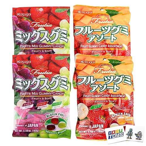 Kasugai Frutia Fruit Gummy Candy Assortment Fruity and Soft (4 Pack) Lychee, Mango, Strawberry and Grape, Strawberry, Muscat with 2 Gosutoys Stickers