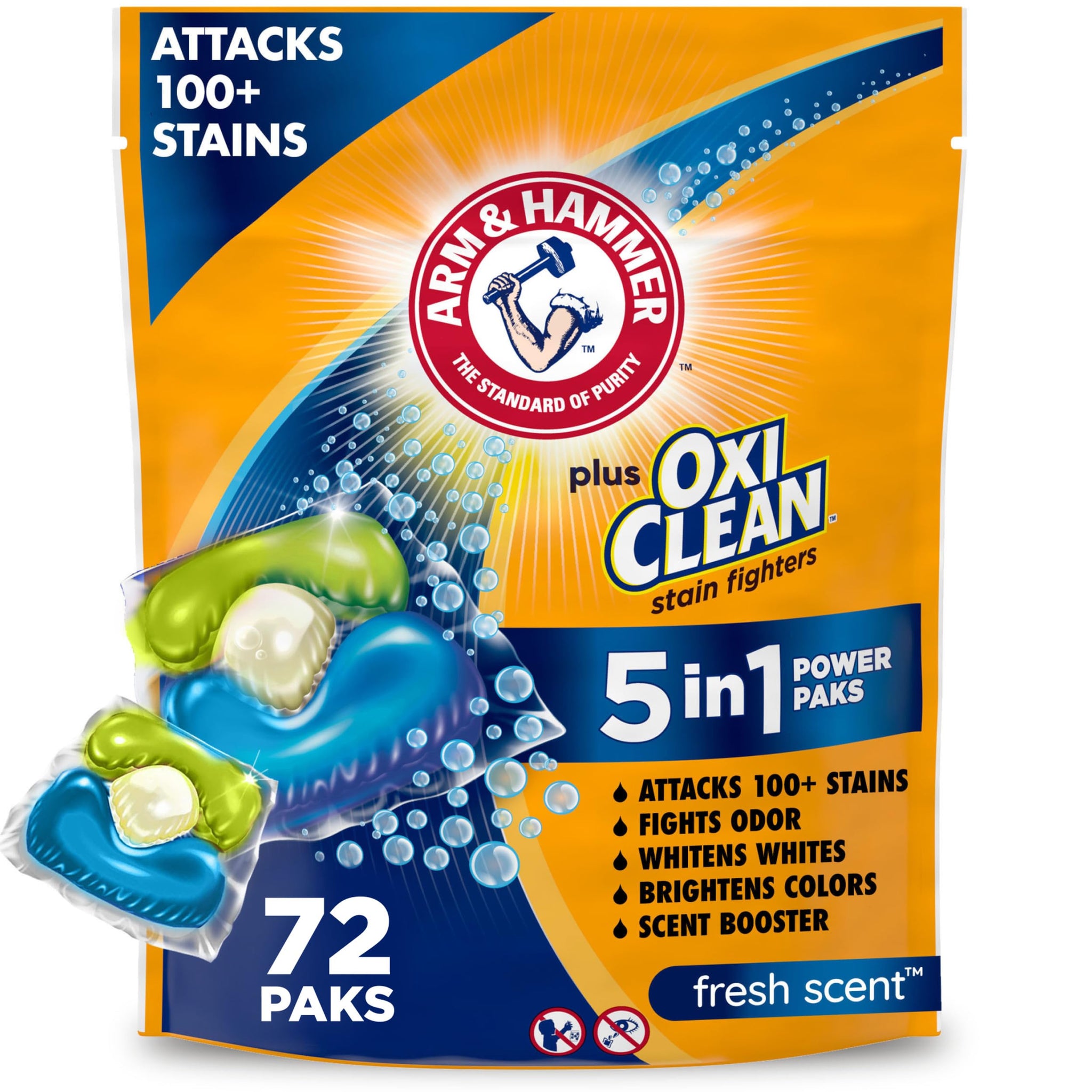 ARM & HAMMER Plus OxiClean Stain Fighters: 5-in-1 Laundry Detergent Power Paks, Fresh Scent, 72 Count