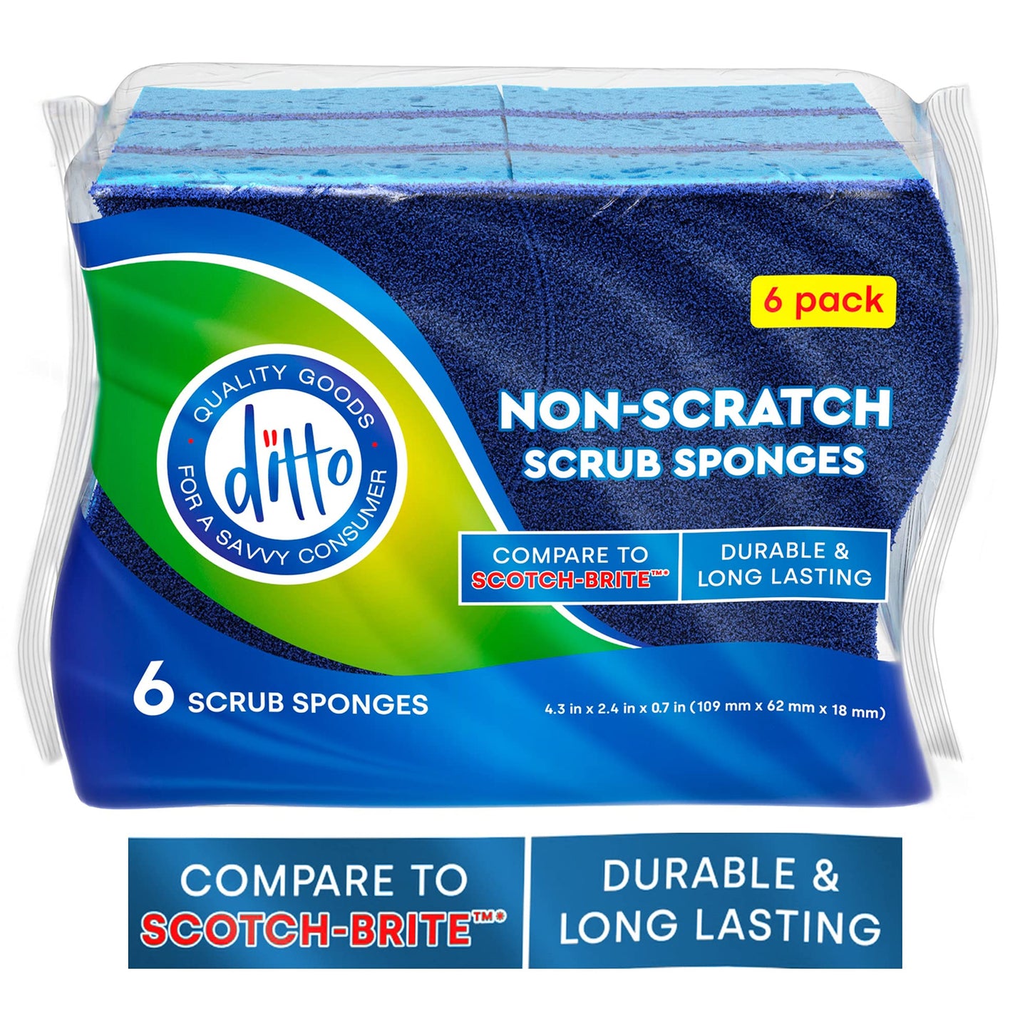 Ditto Non-Scratch Scrub Sponges (6 Pack) - Durable and Long Lasting - Safe On All Surfaces…