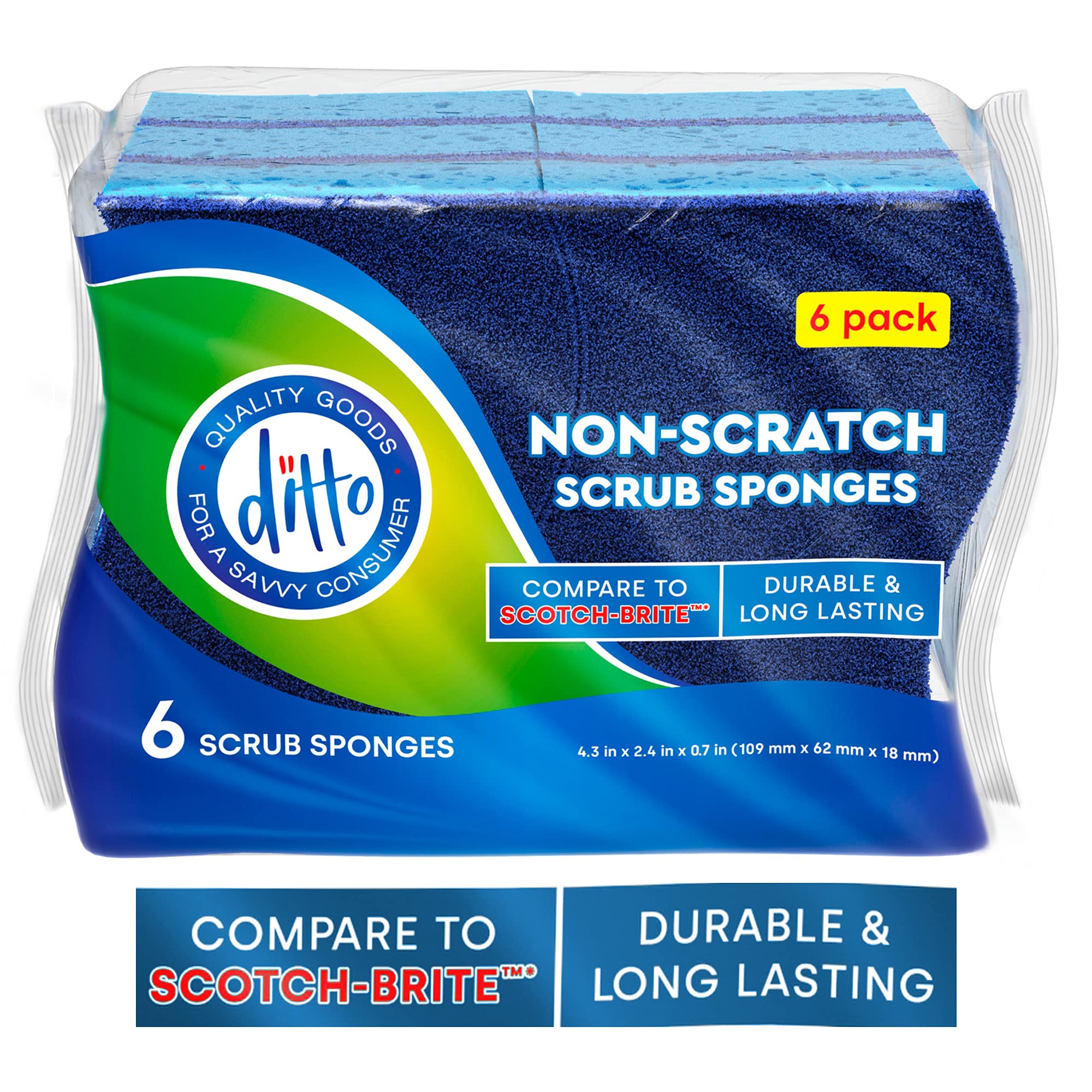 Ditto Non-Scratch Scrub Sponges (6 Pack) - Durable and Long Lasting - Safe On All Surfaces…
