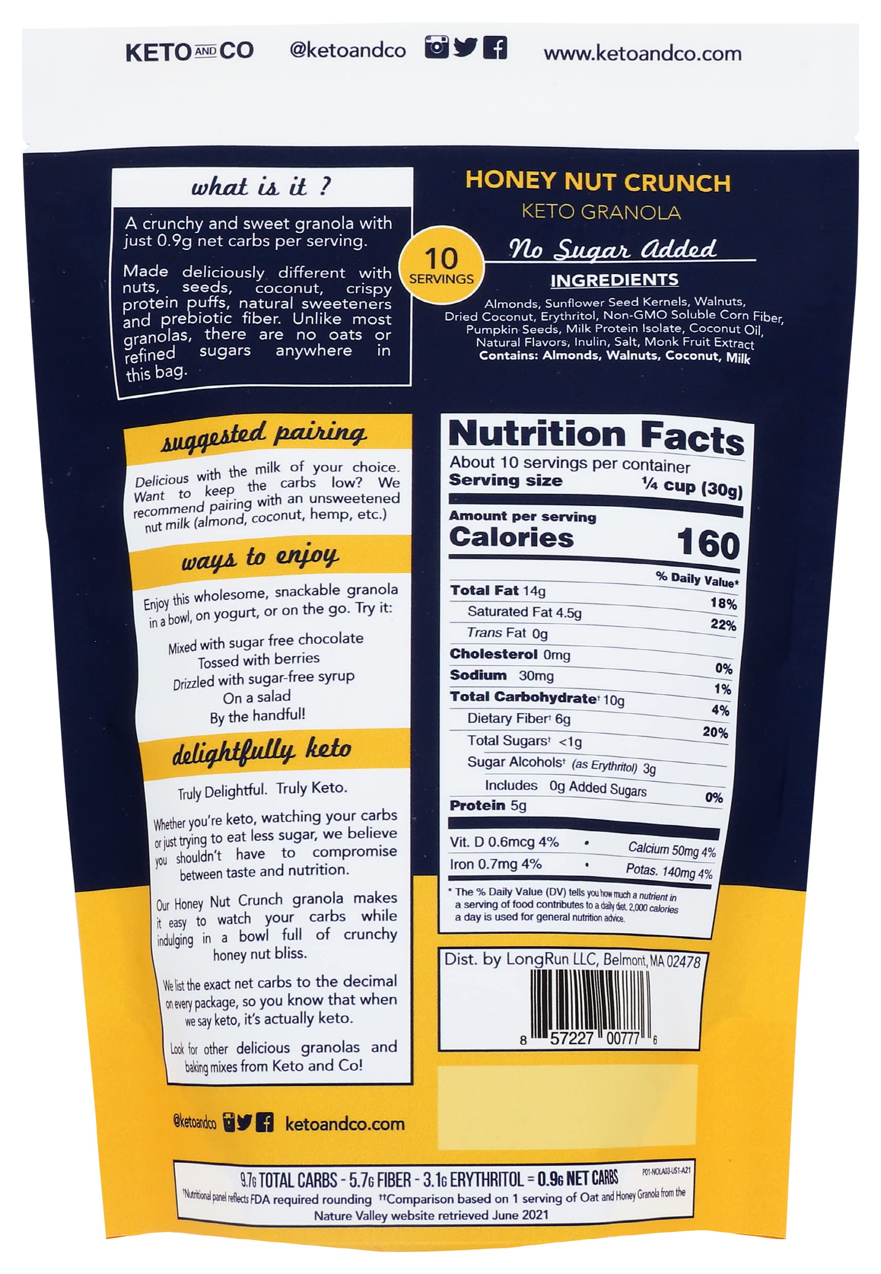 Keto Honey Nut Granola by Keto and Co | Just 0.9g Net Carbs Per Serving | Gluten Free, Low Carb, Diabetic Friendly, Naturally Sweetened, No Added
