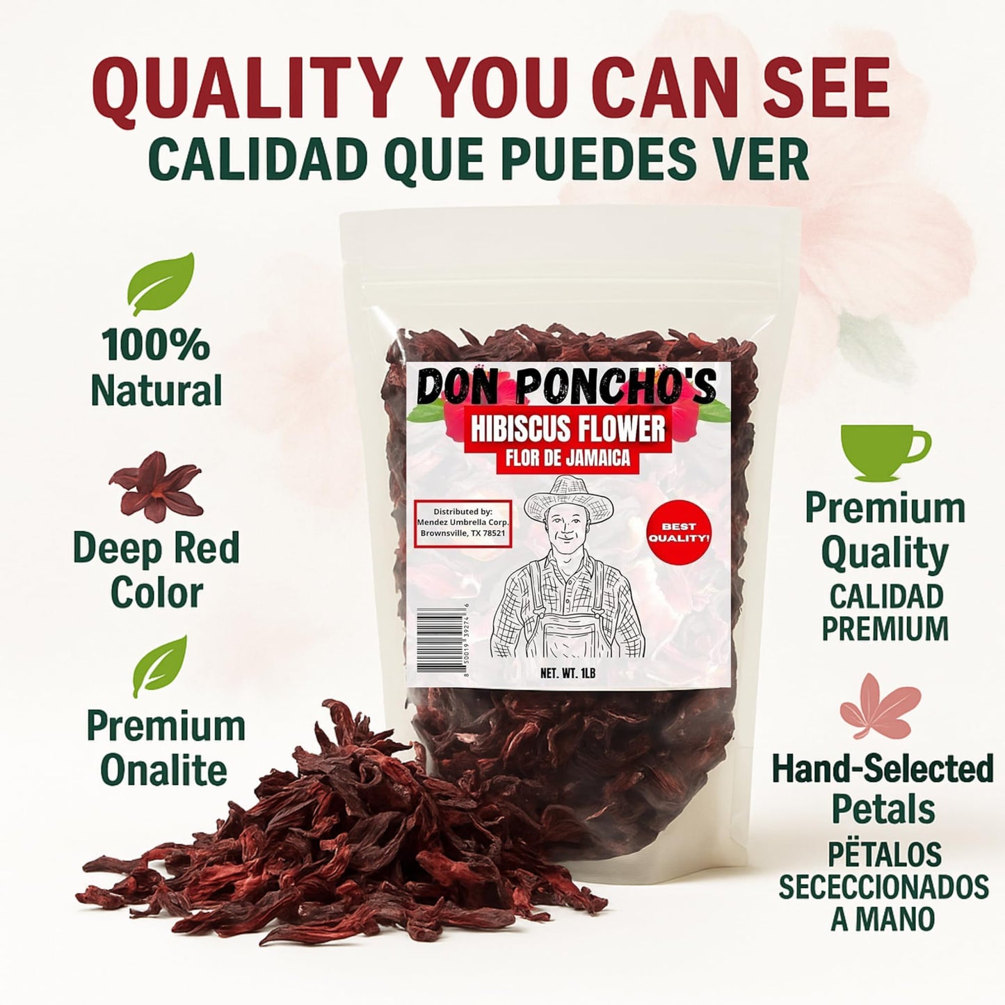 Don Ponchos Hibiscus Tea Organic 1Lb - Premium Hibiscus Flowers for Loose Leaf Tea - Flor de Jamaica for Refreshing, Aromatic Herbal Infusion - Ideal