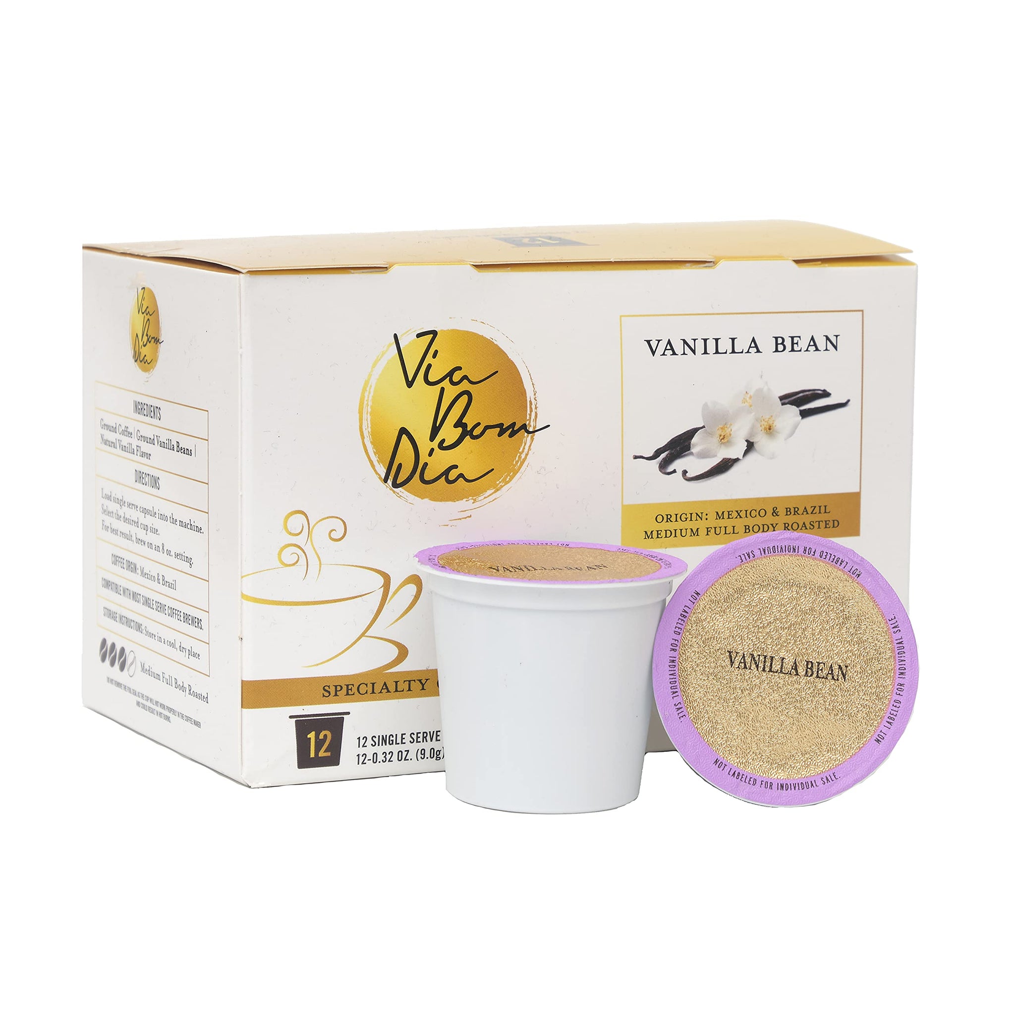 Via Bom Dia Naturally Flavored Kcup Coffee Pods, Vanilla Bean Flavor, Medium Roast, 12 Count (Pack of 1), for Single-Serve Keurig Machines