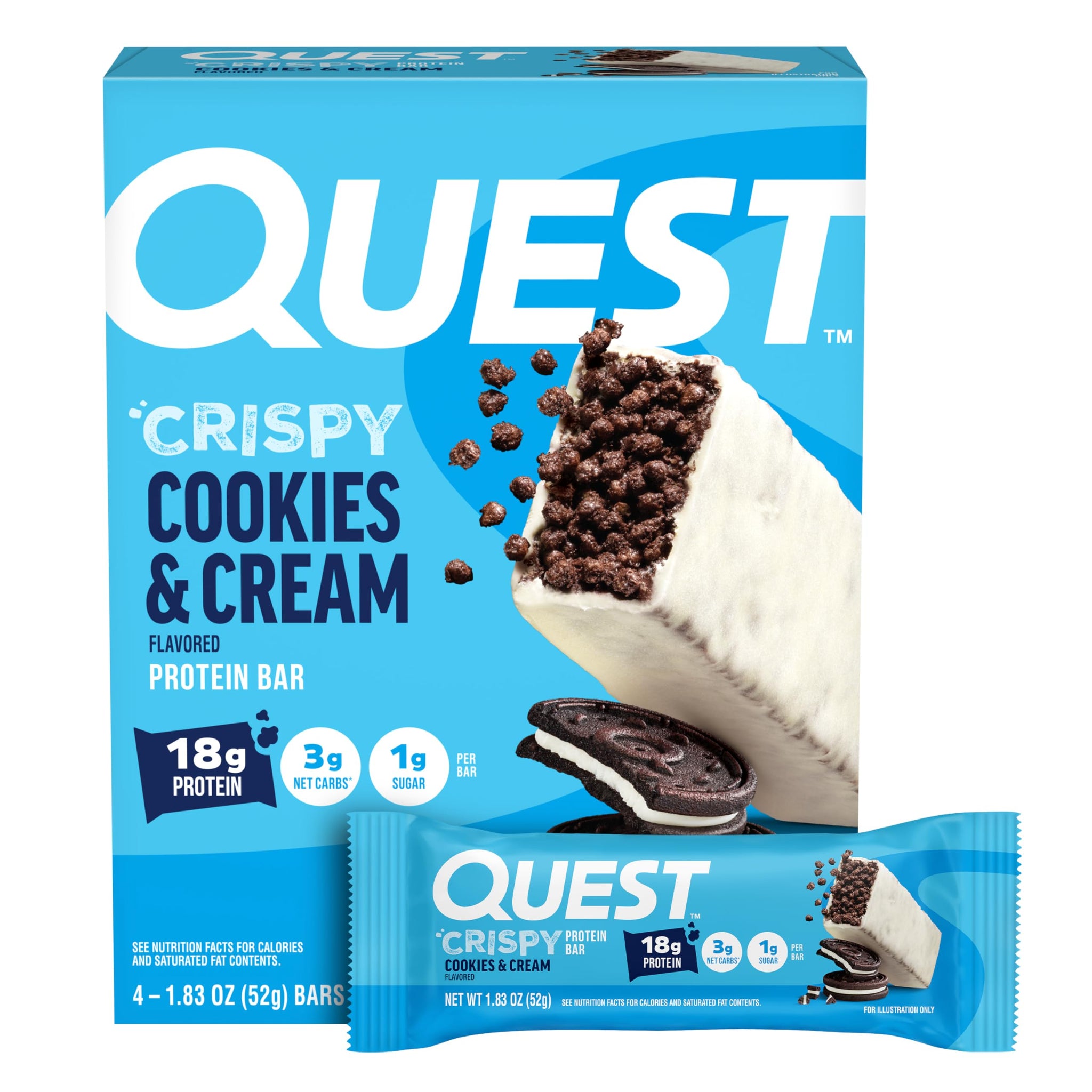 Quest Nutrition Crispy Cookies & Cream Hero Protein Bar, 18g Protein, 1g Sugar, 3g Net Carb, Gluten Free, Protein Snack, Keto Friendly, 4 Count