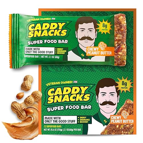 Caddy Snacks Chewy Peanut Butter - Healthy Snack Bars | Low Sugar | Vegan | Gluten Free | On-the-Go Golf Snack | 2.1 oz Bars, 12 Count (Peanut Butter)