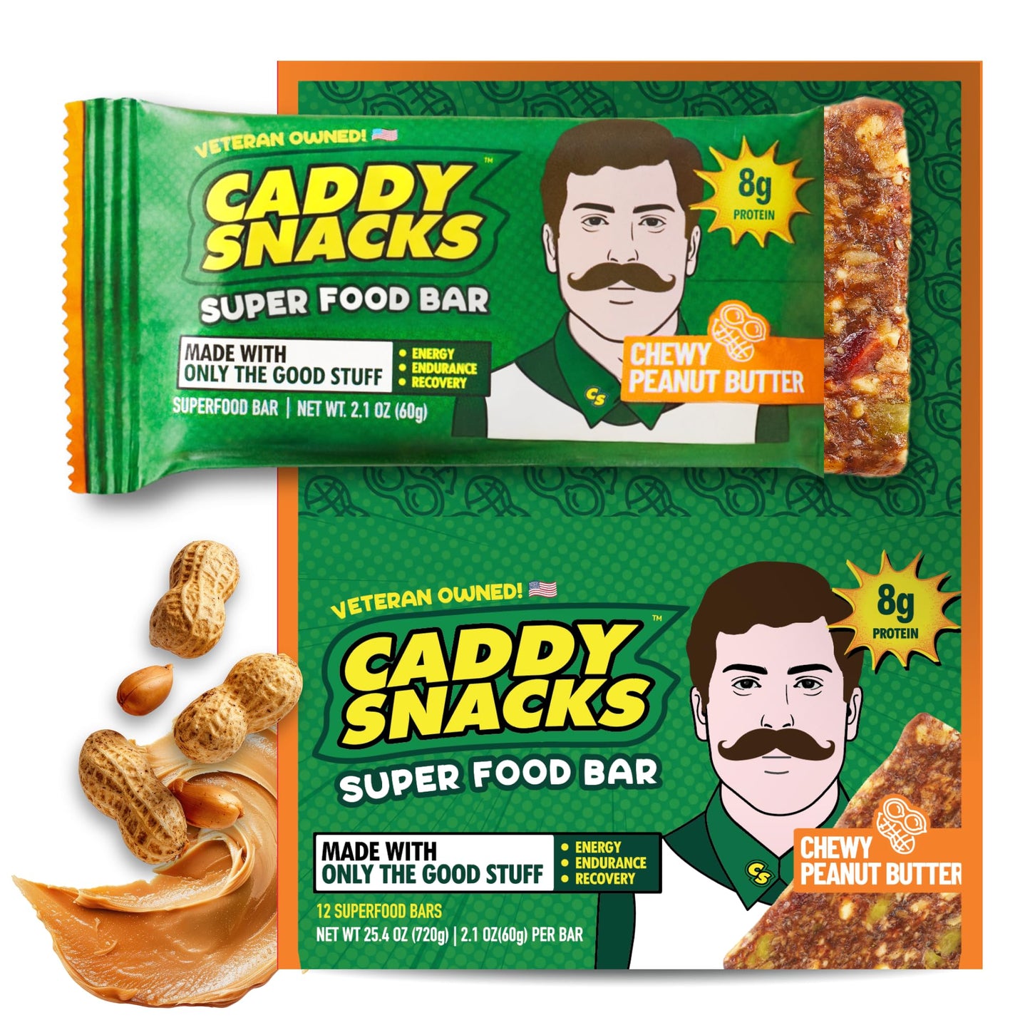 Caddy Snacks Chewy Peanut Butter - Healthy Snack Bars | Low Sugar | Vegan | Gluten Free | On-the-Go Golf Snack | 2.1 oz Bars, 12 Count (Peanut Butter)