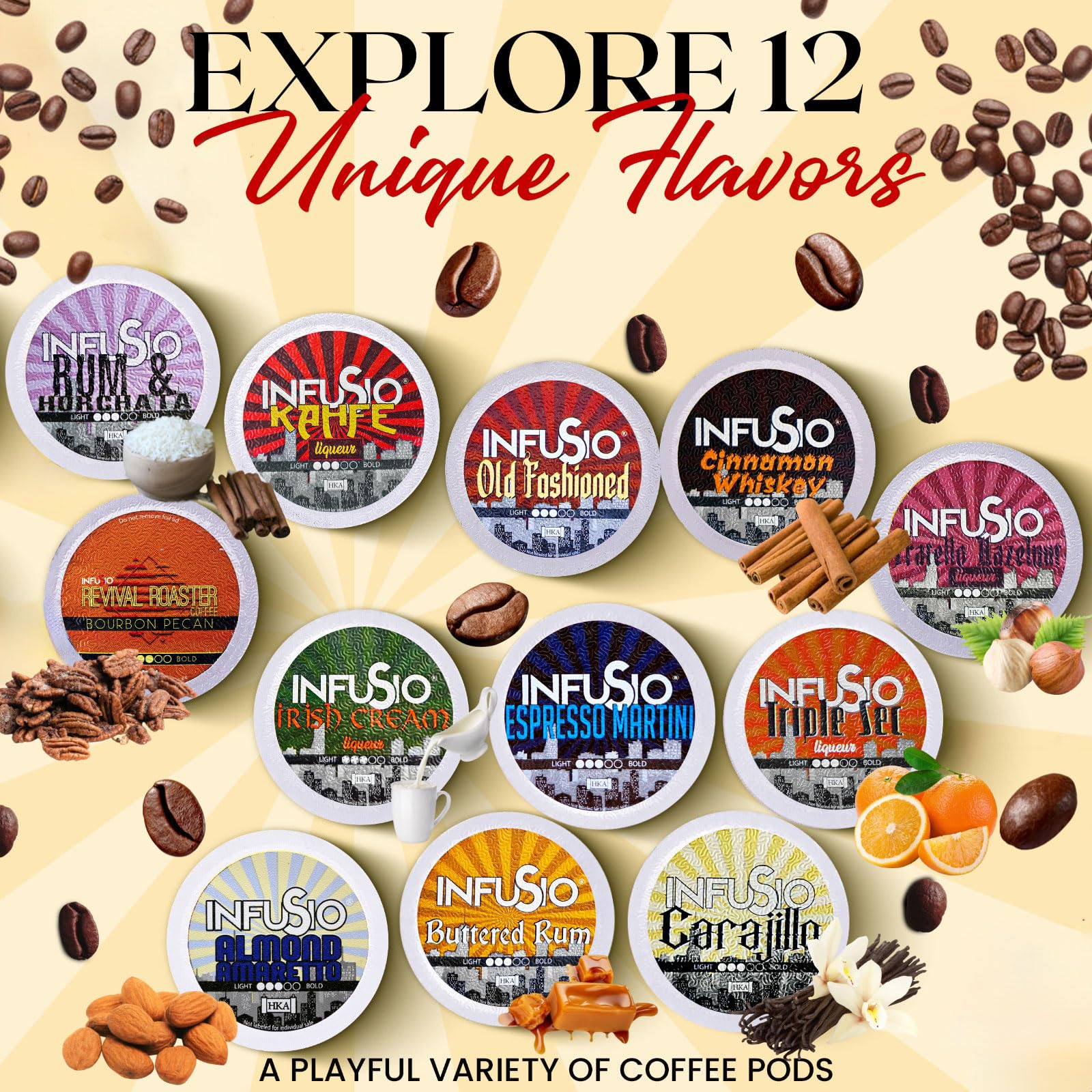 InfuSio Coffee Pods 96 Count Carajillo Flavored Medium Roast Single serve Coffee pods for Keurig K Cups Brewers - InfuSio Premium Roasted Keurig 2.0