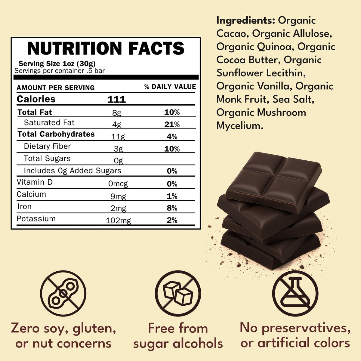 Macalat Organic Dark Chocolate Bar, Quinoa Crunch, Sugar Free Chocolate