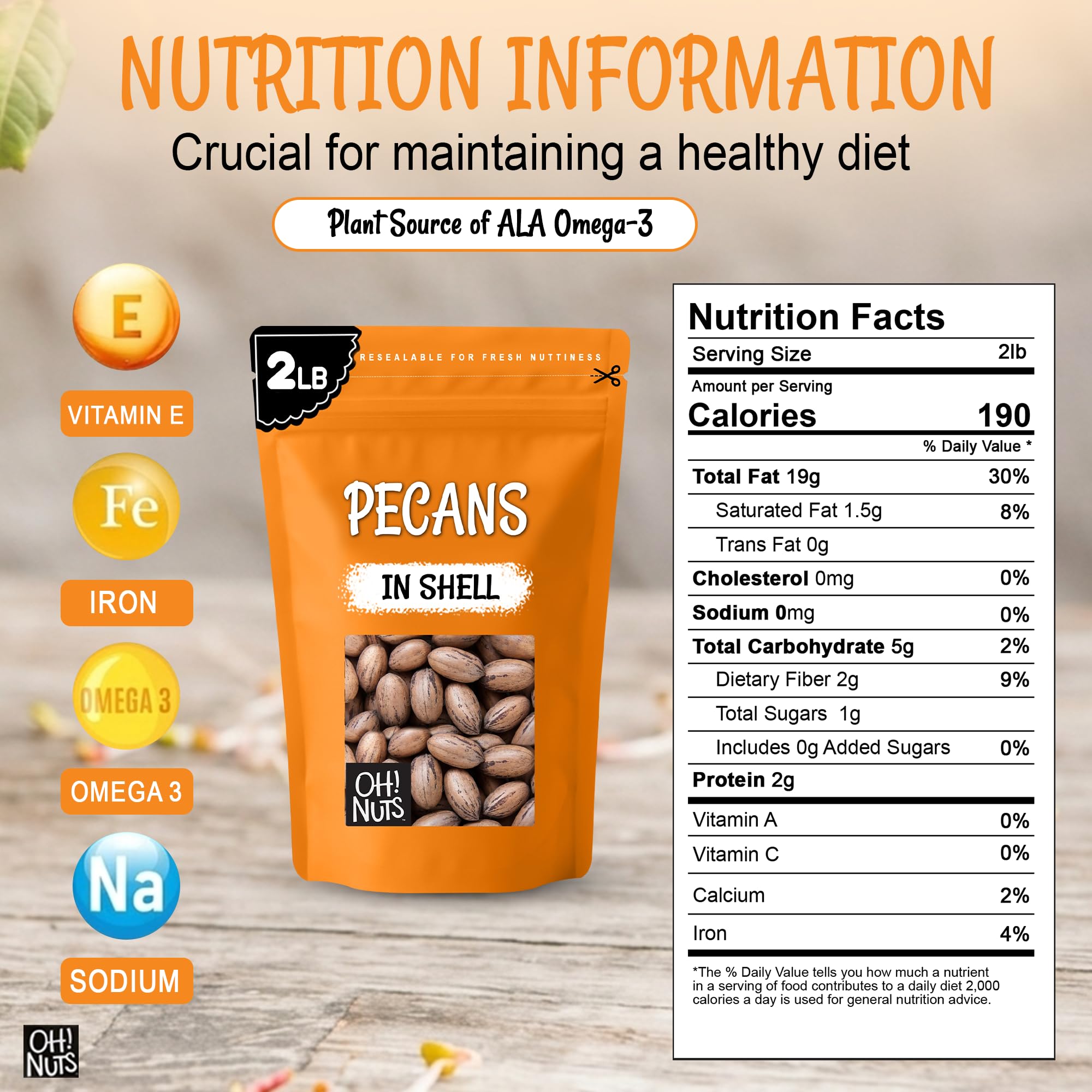 Oh! Nuts Pecans in Shell - Raw - 100% Natural - 2 lb - High-Protein Pecans - Packed in New York Zip-Seal Bag for Exceptional Freshness