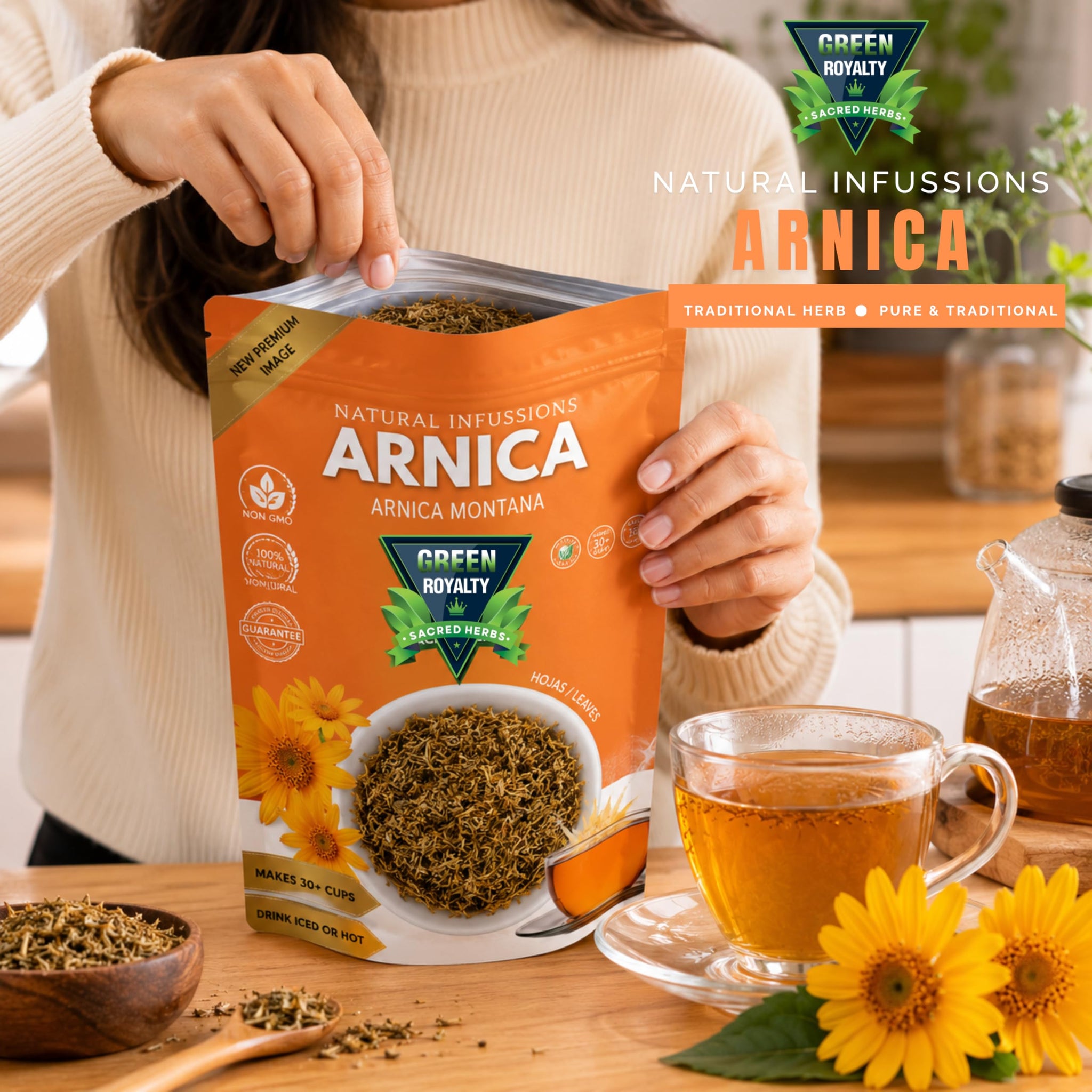 Green Royalty Arnica Montana Loose Herbal Tea - 100% Natural Arnica Flowers, Resealable Freshness Bag, Makes 30+ Cups, Hot or Iced Herbal Infusion