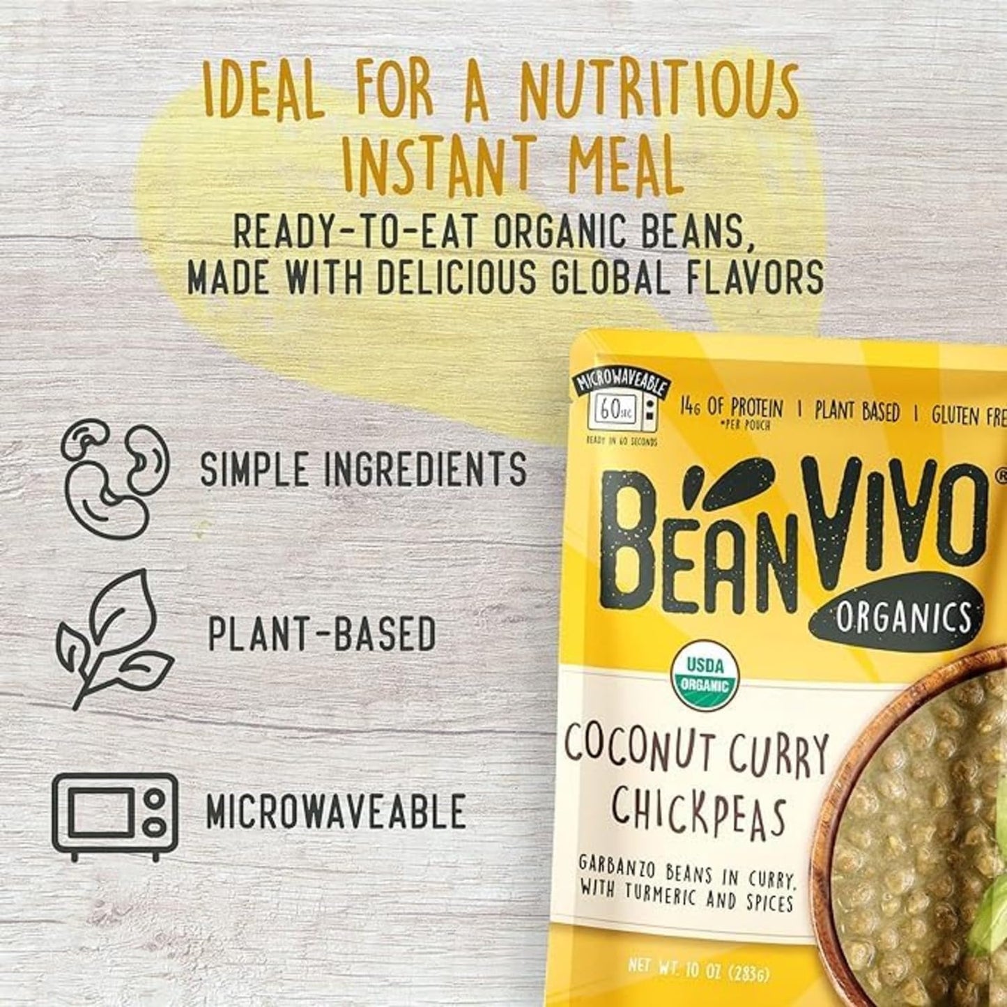 BeanVIVO (Pack of 3) Organics 14g Plant based Protein Coconut Curry Chickpeas - Good Source of Fiber - Nutritious & Microwave Meals - Gluten-Free