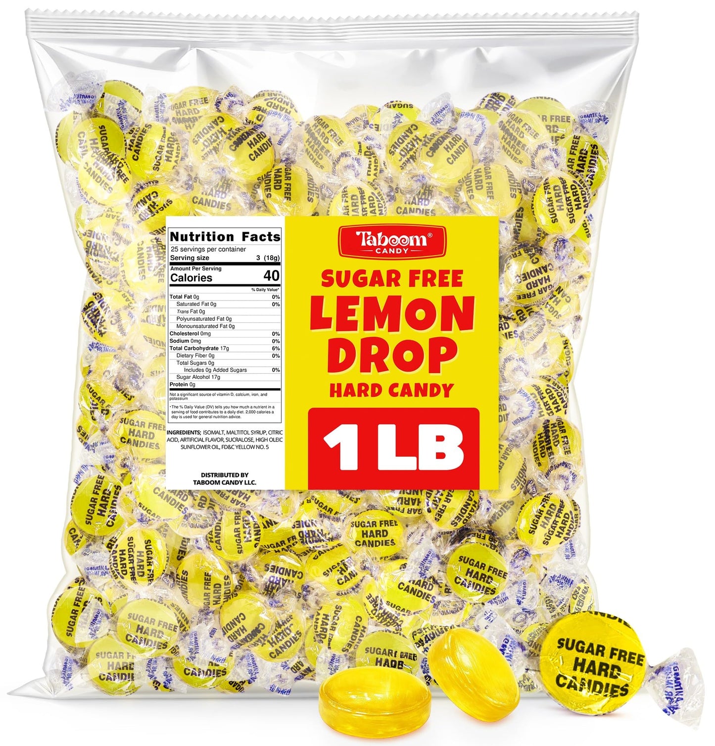 Sugar Free Lemon Hard Candy Drops - 1 Pound Approx. 75 Pieces, Individually Wrapped Lemon Flavored Candy Discs For Holiday Treats & Snacks, Sugar Free