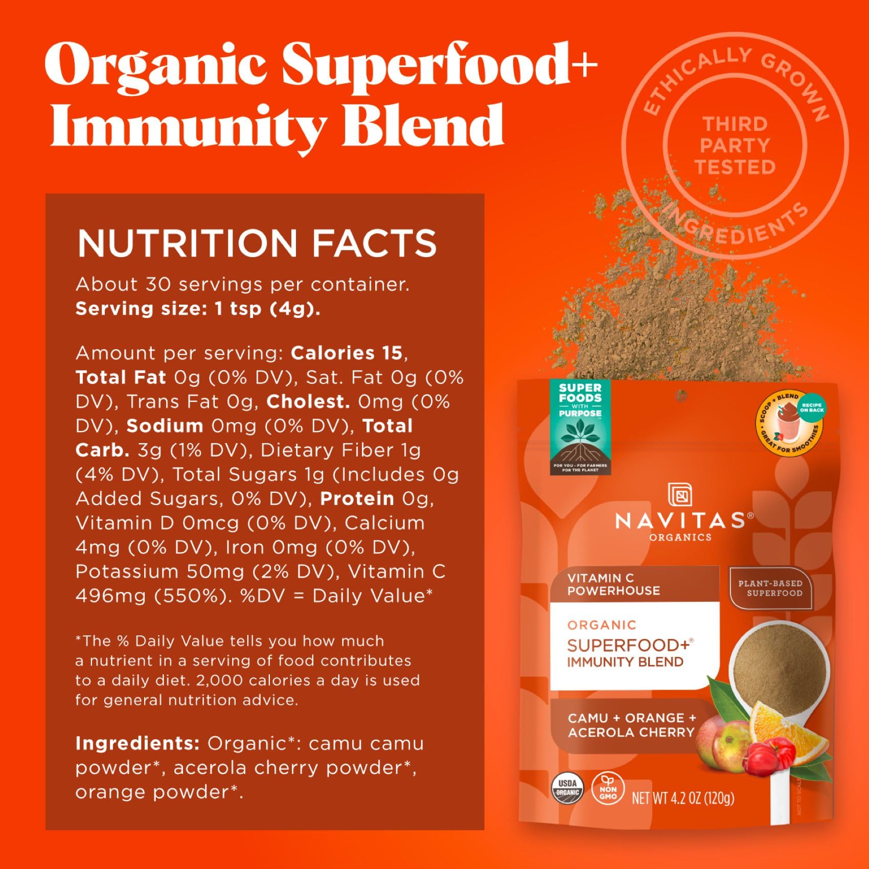 Navitas Organics Superfood+ Immunity Blend (Camu + Orange + Acerola Cherry), 30 Servings - Organic, Non-GMO, Vegan, Gluten-Free, Keto & Paleo, 4.2