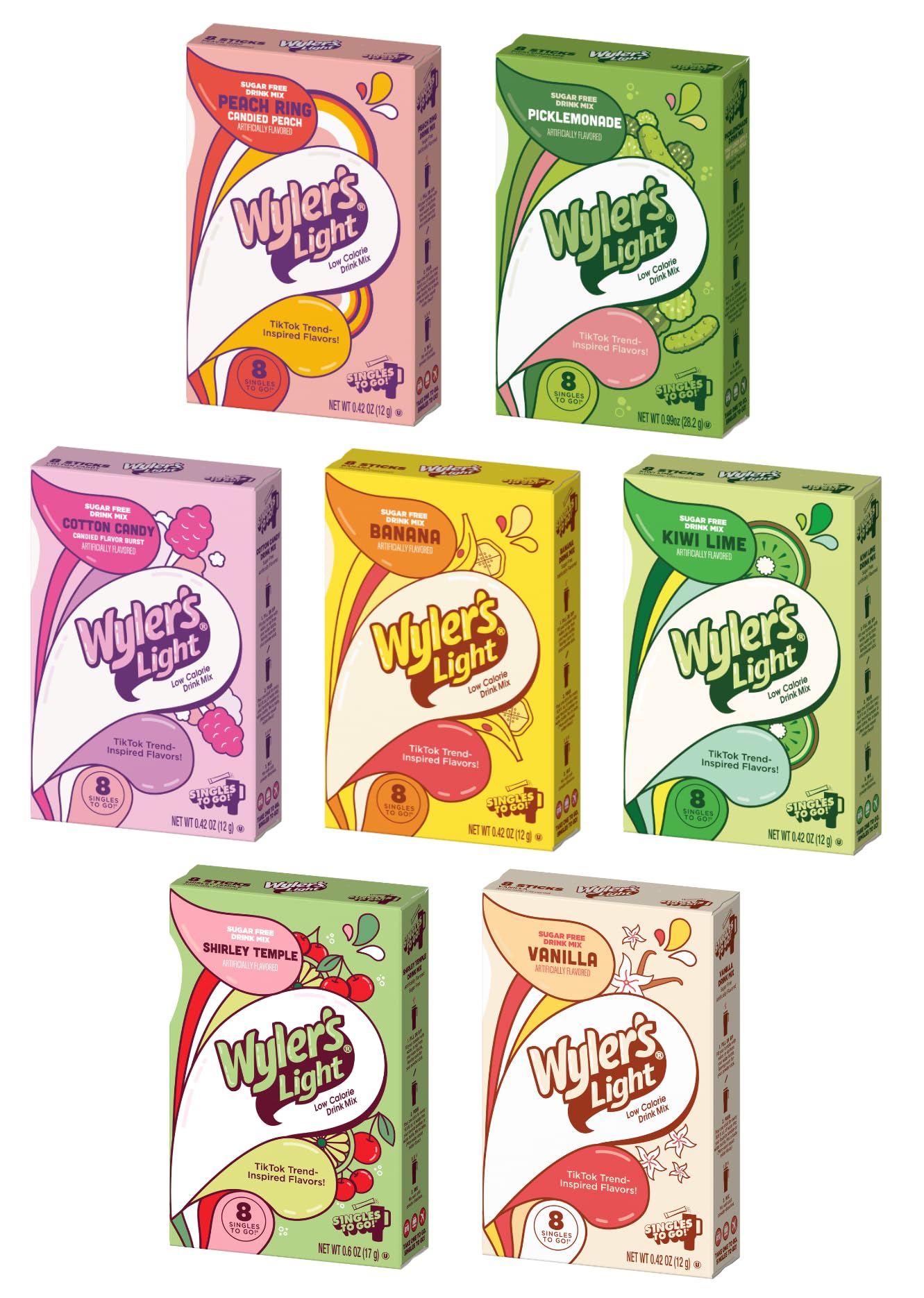 Wyler's Light Ultimate Variety Pack - Pack of 7 - One of Each Flavor - Vanilla, Kiwi Lime, Peach Ring, Cotton Candy, Shirley Temple, Pickle Lemonade