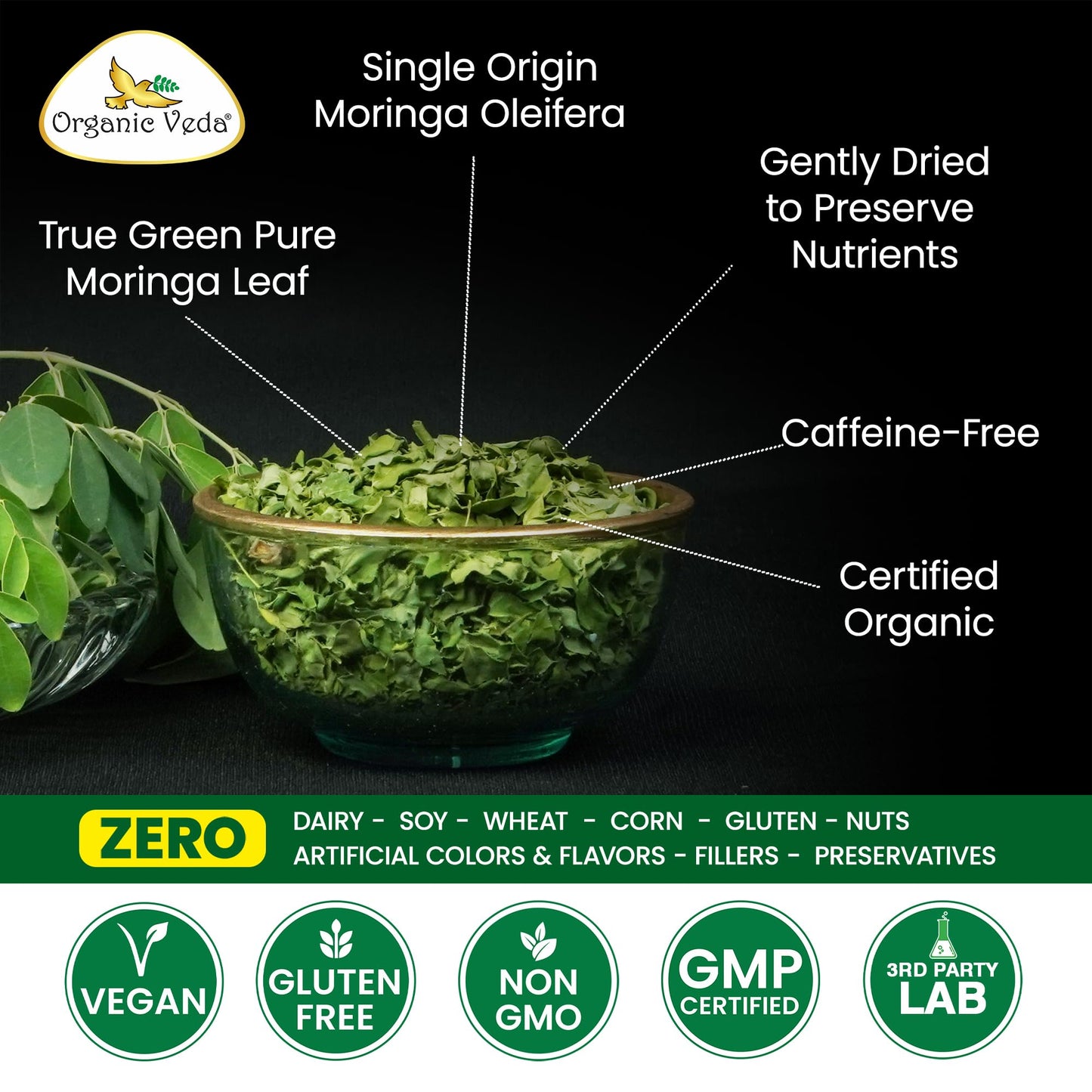 Organic Veda Moringa Tea Leaves - True Green Rich, Premium Single Origin,100% Organic Moringa Oleifera Loose Leaf Tea, Baking, Soup Powder