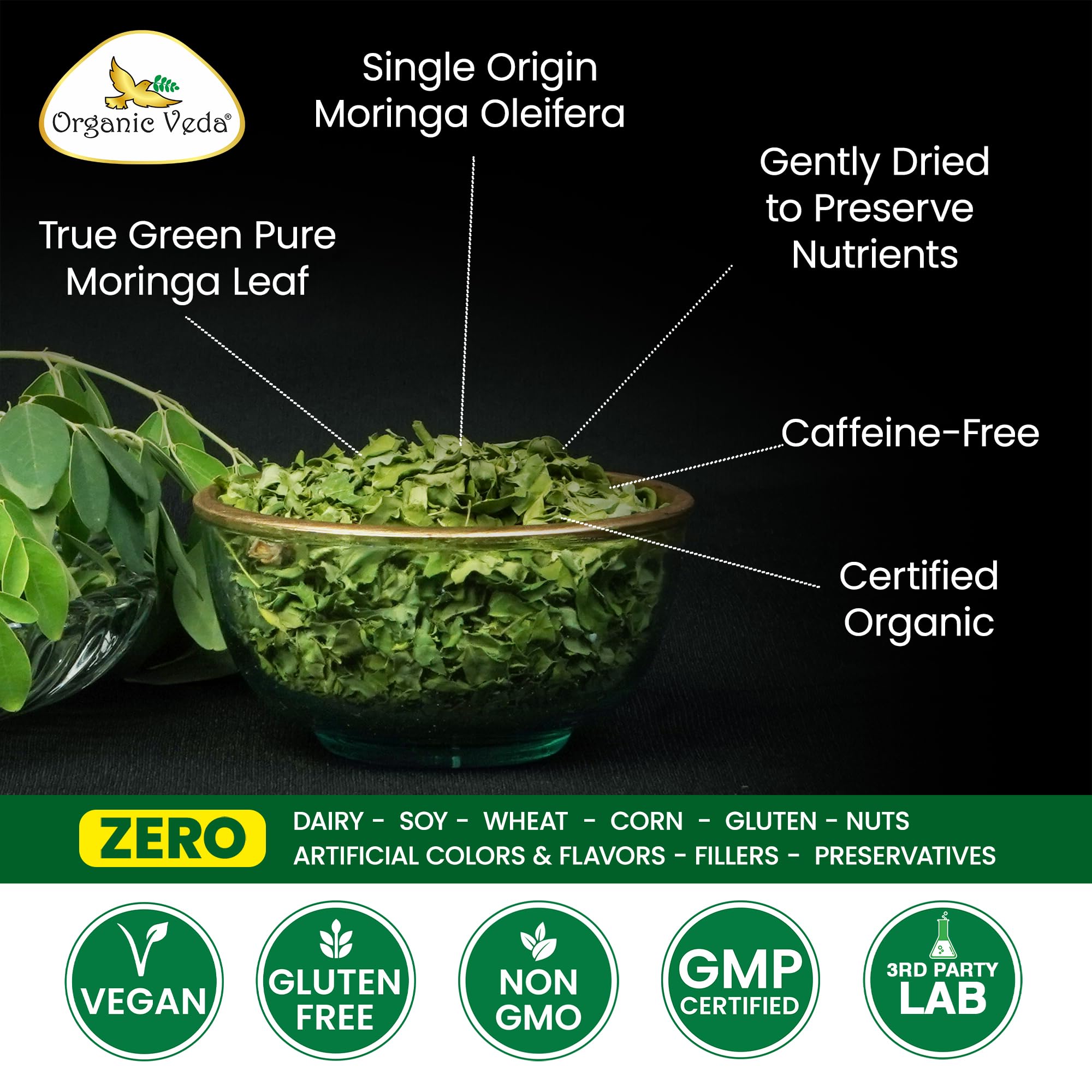 Organic Veda Moringa Tea Leaves - True Green Rich, Premium Single Origin,100% Organic Moringa Oleifera Loose Leaf Tea, Baking, Soup Powder