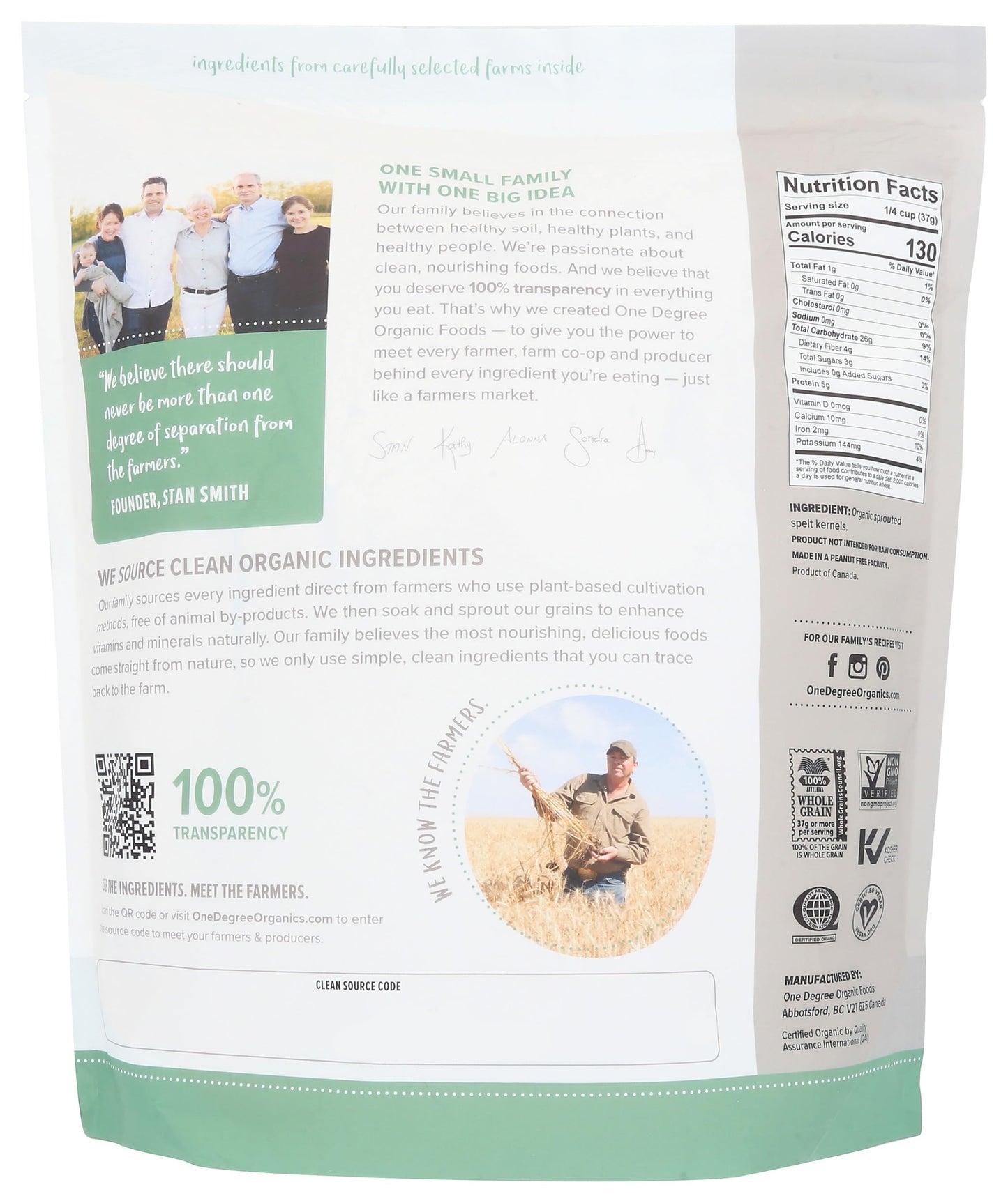 One Degree Organics Sprouted Spelt Flour, Glyphosate-Free, USDA Organic, Whole Grain Baking Flour, High Fiber, Non-GMO, Vegan, Kosher, 80 ounce (Pack