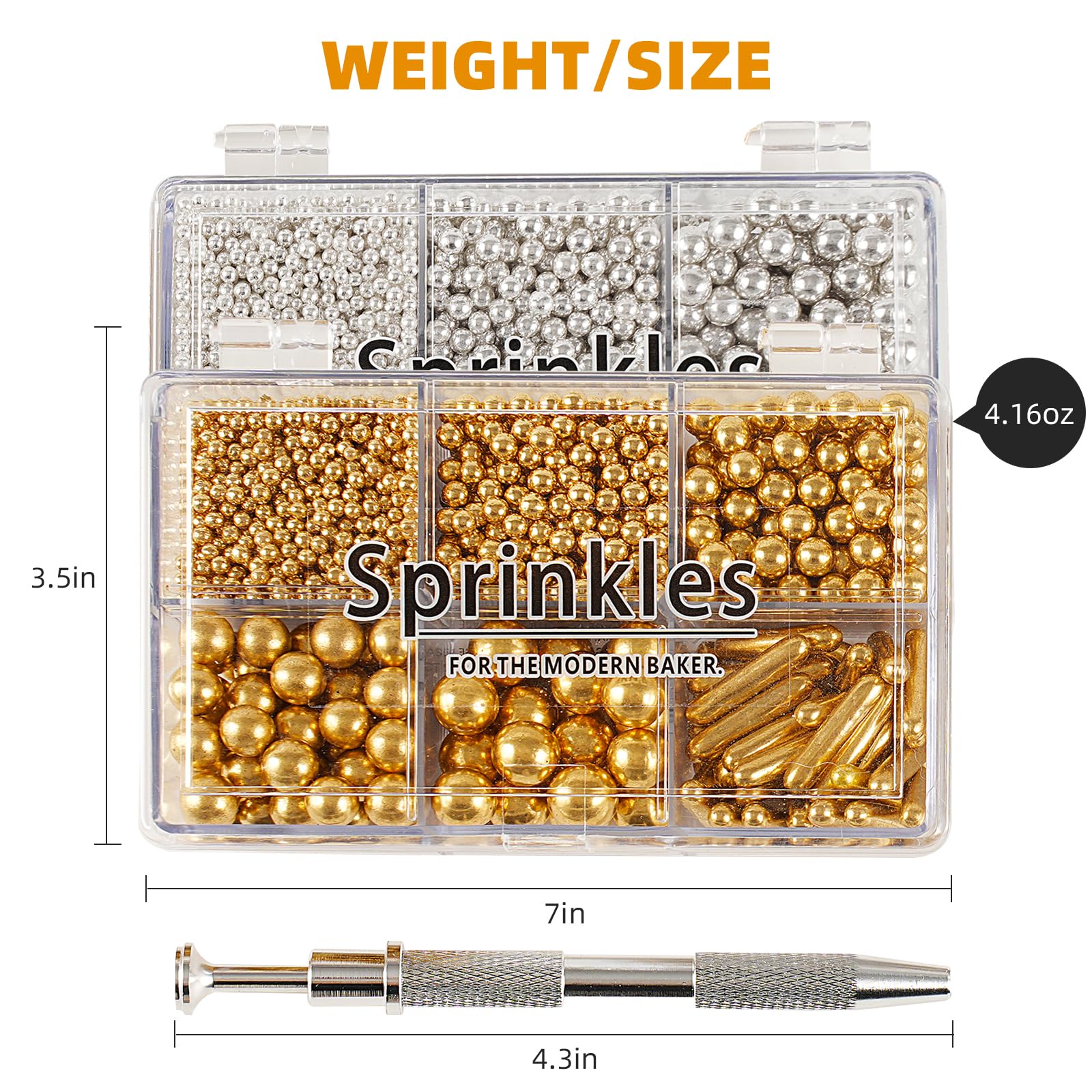 Kasvan Gold and Silver Sugar Sprinkles - Edible Candy Pearls with 4-Claw Sprinkle Pen,8.32Oz, Gift Box Pack, Baking Cake Decorations, Ice Cream