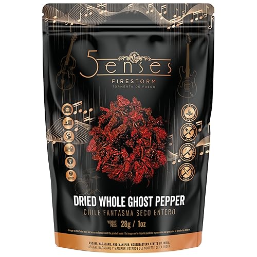 5Senses Dried Whole Ghost Peppers | Bhut Jolokia, Chile Fantasma | Firestorm | Single Origin, 100% Natural, Non-GMO, Fairtrade, Vegan Spice, Whole