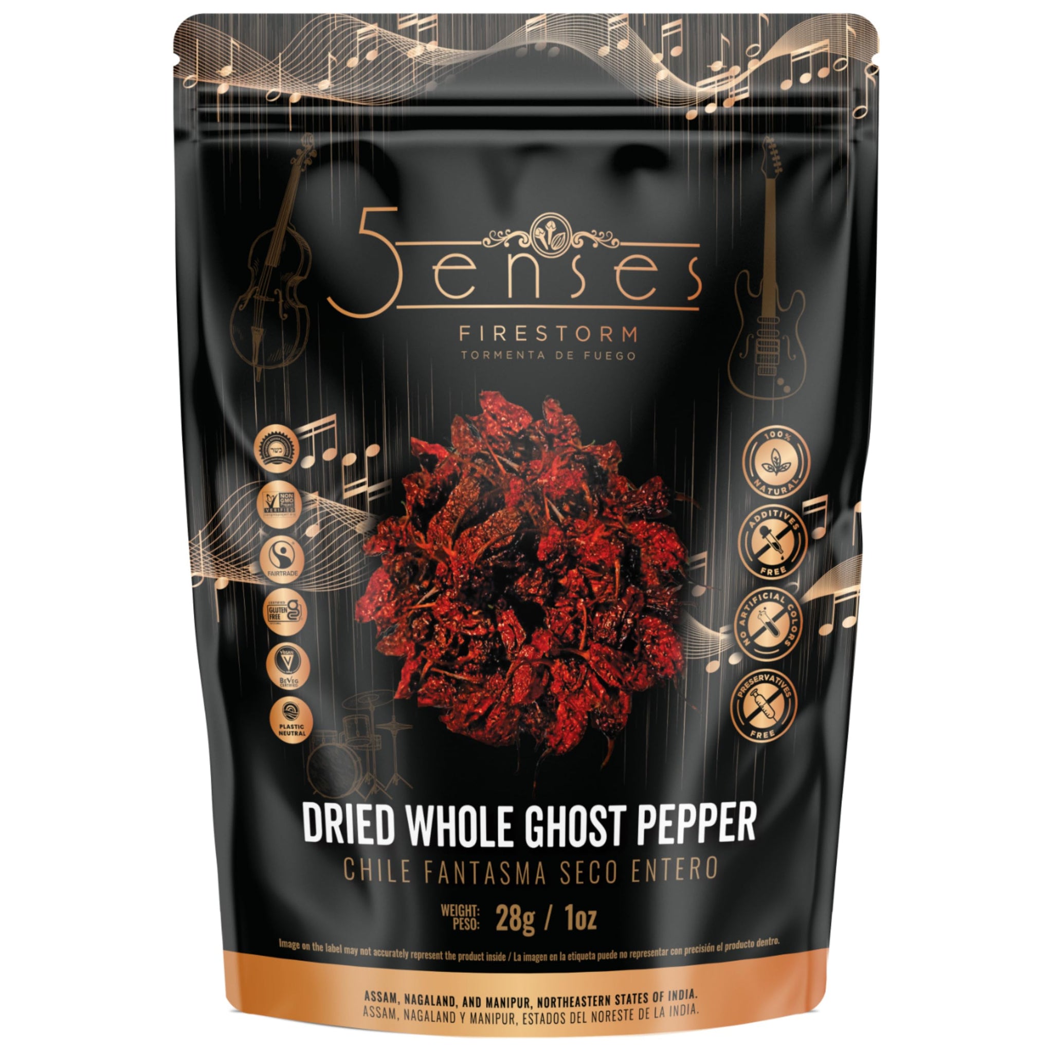 5Senses Dried Whole Ghost Peppers | Bhut Jolokia, Chile Fantasma | Firestorm | Single Origin, 100% Natural, Non-GMO, Fairtrade, Vegan Spice, Whole